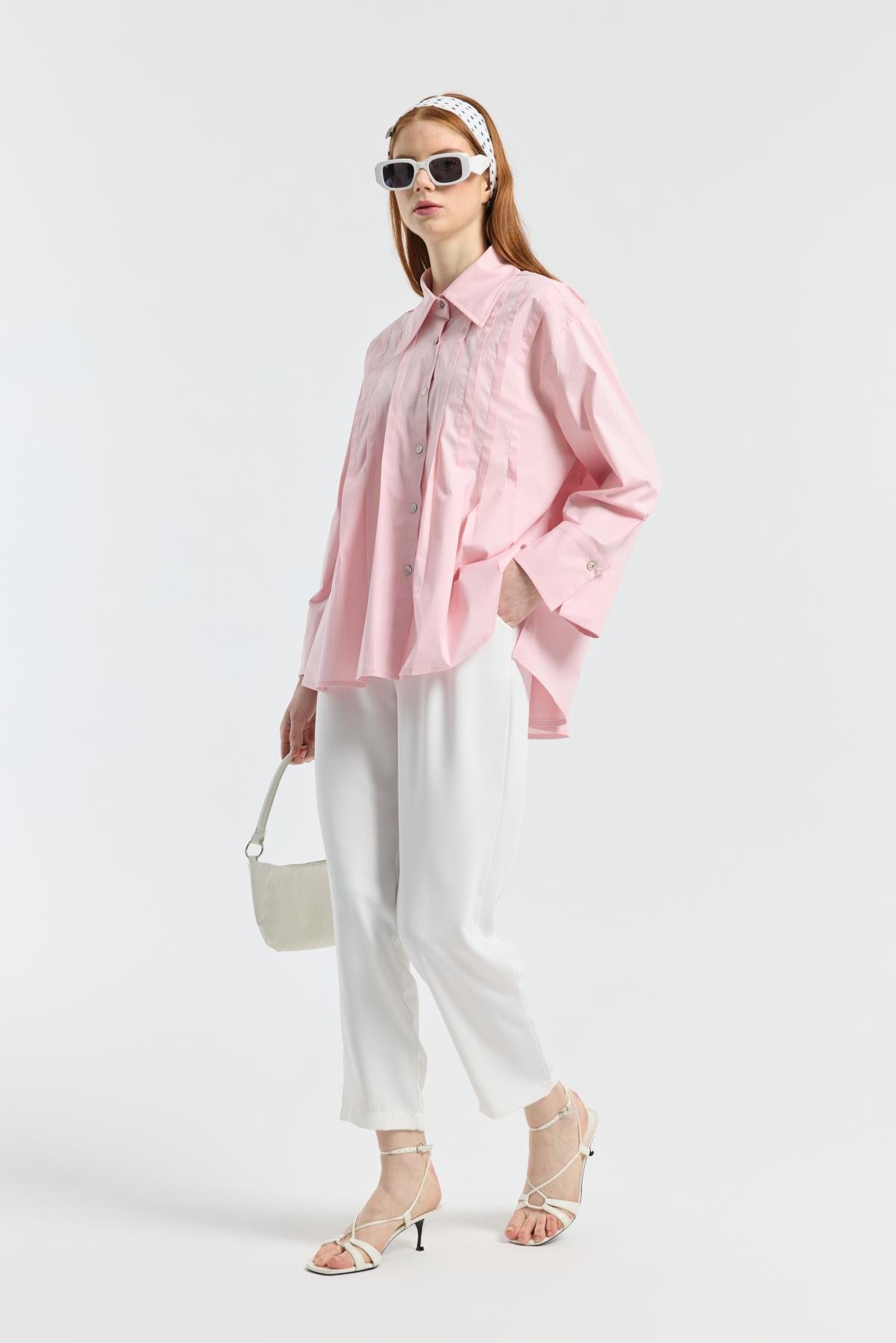 Nervürlü Geniş Manşetli Poplin Gömlek  - Pudra Pembe