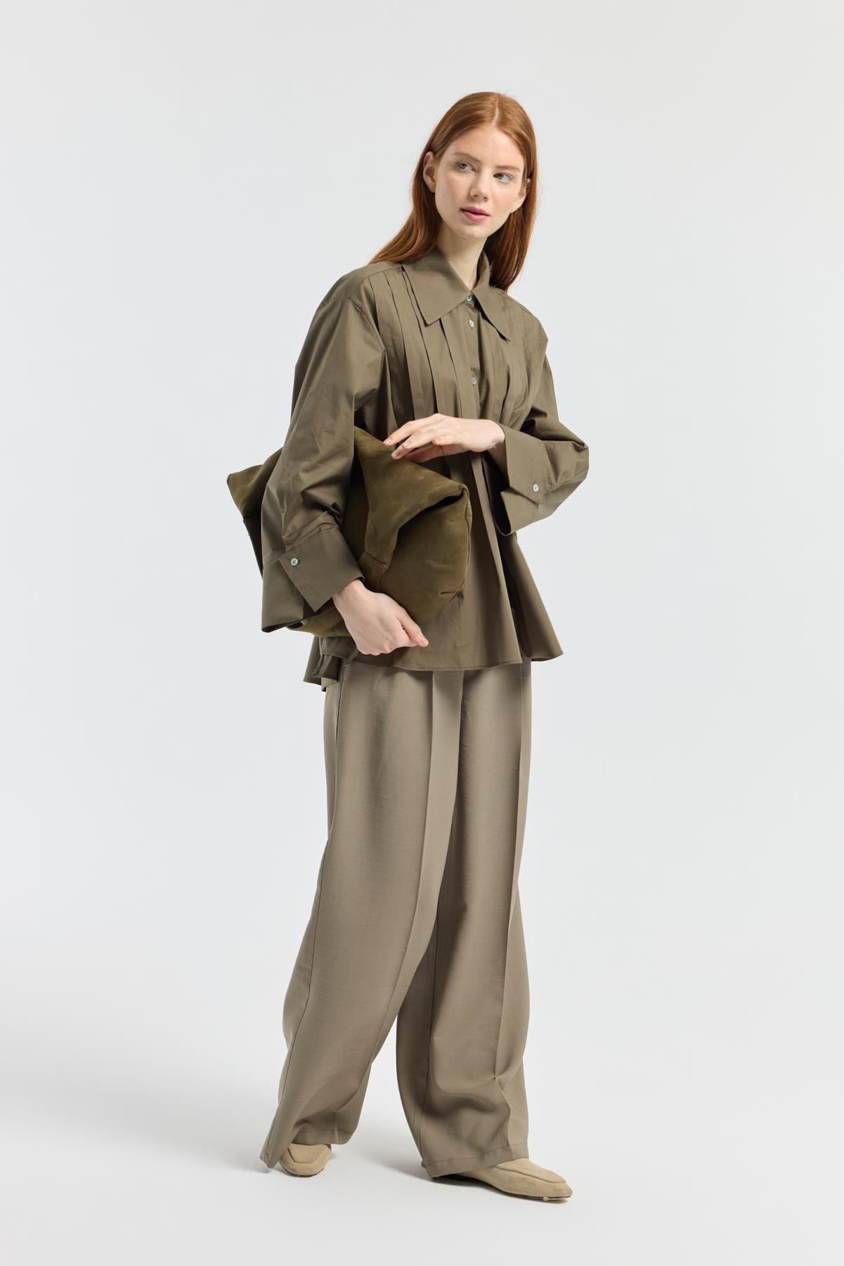 Nervürlü Geniş Manşetli Poplin Gömlek - Haki 