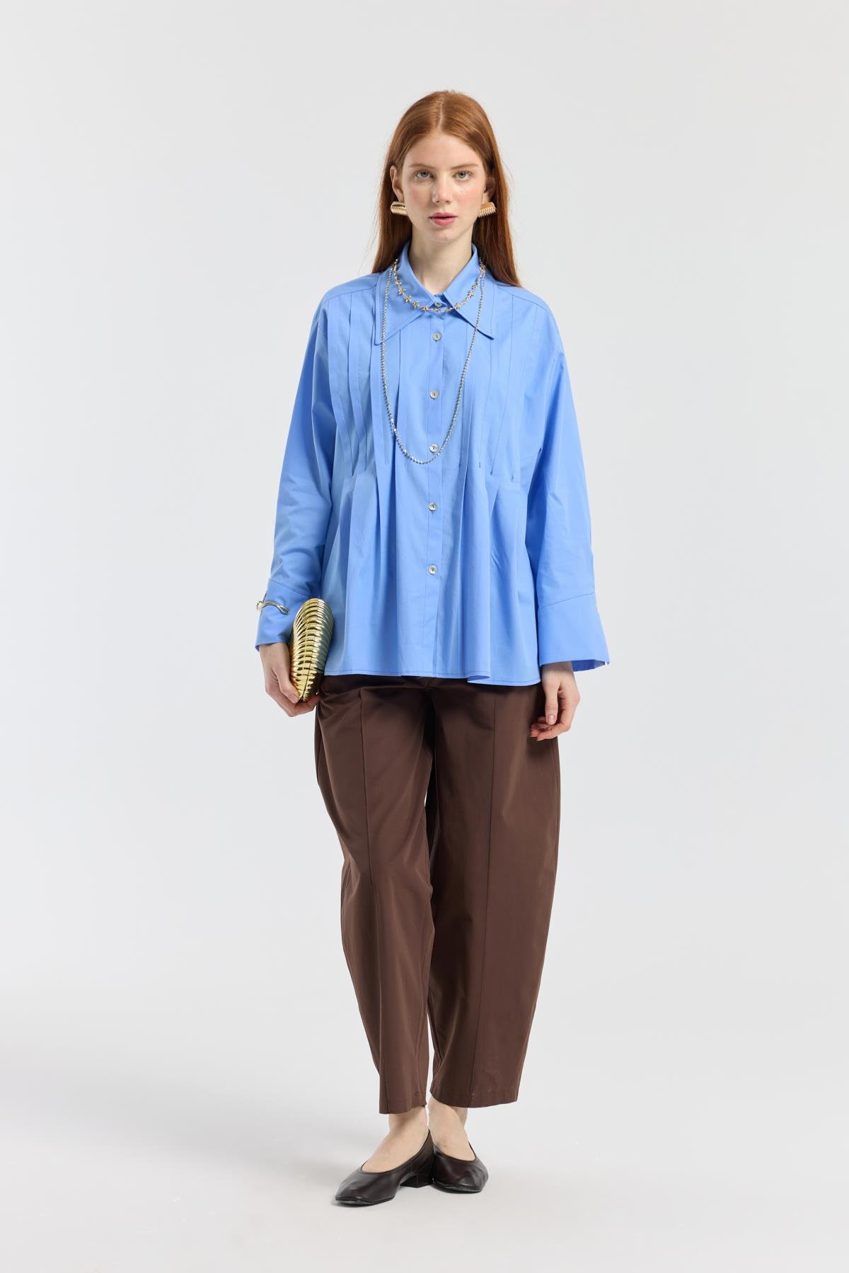 Nervürlü Geniş Manşetli Poplin Gömlek - Mavi