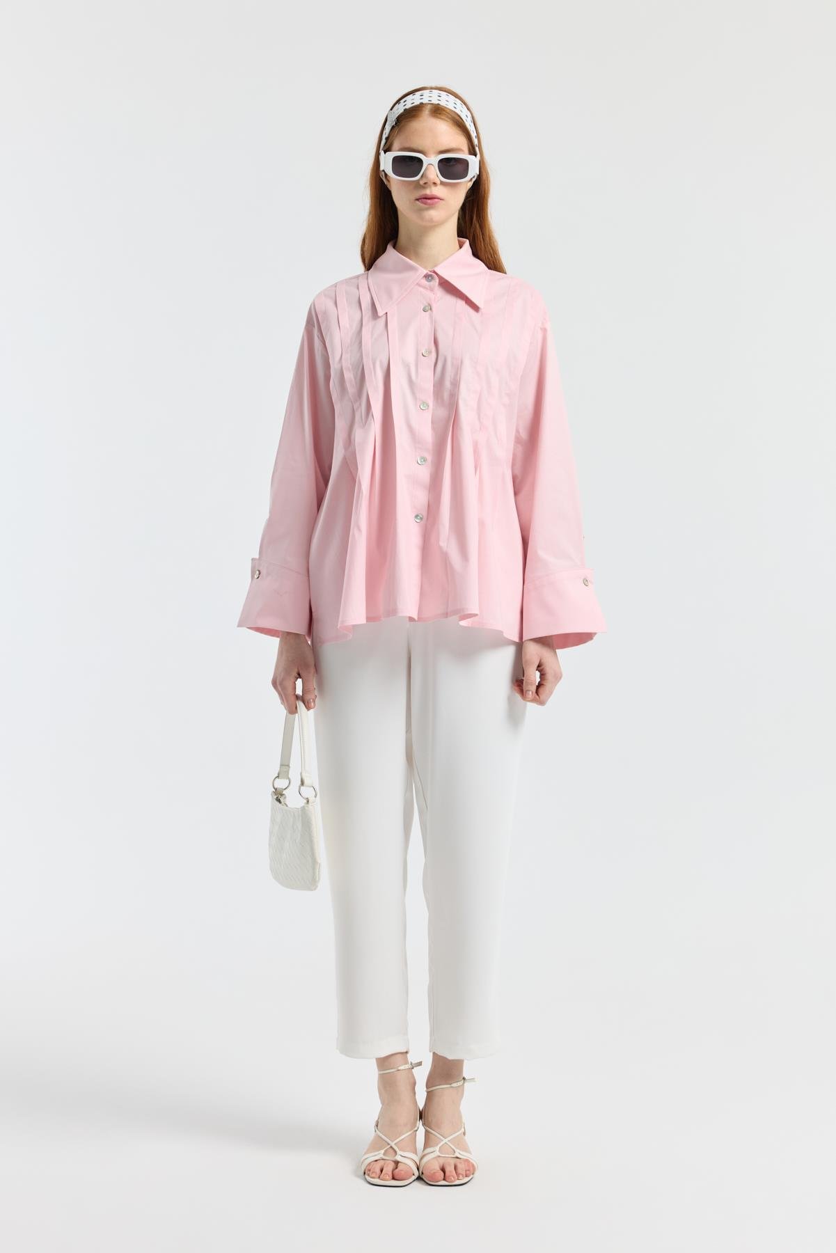 Nervürlü Geniş Manşetli Poplin Gömlek  - Pudra Pembe