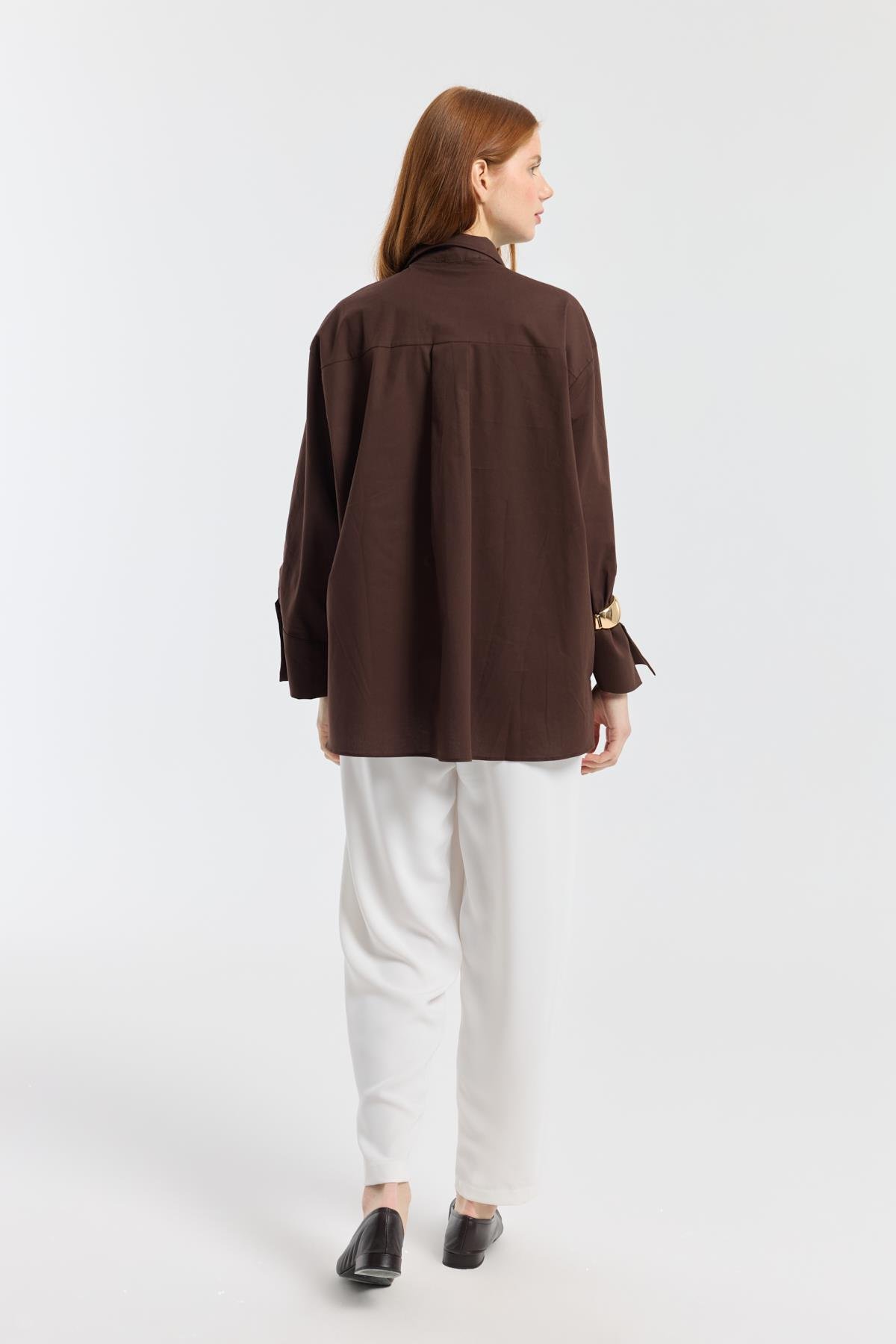 Nervürlü Geniş Manşetli Poplin Gömlek - Acı kahve