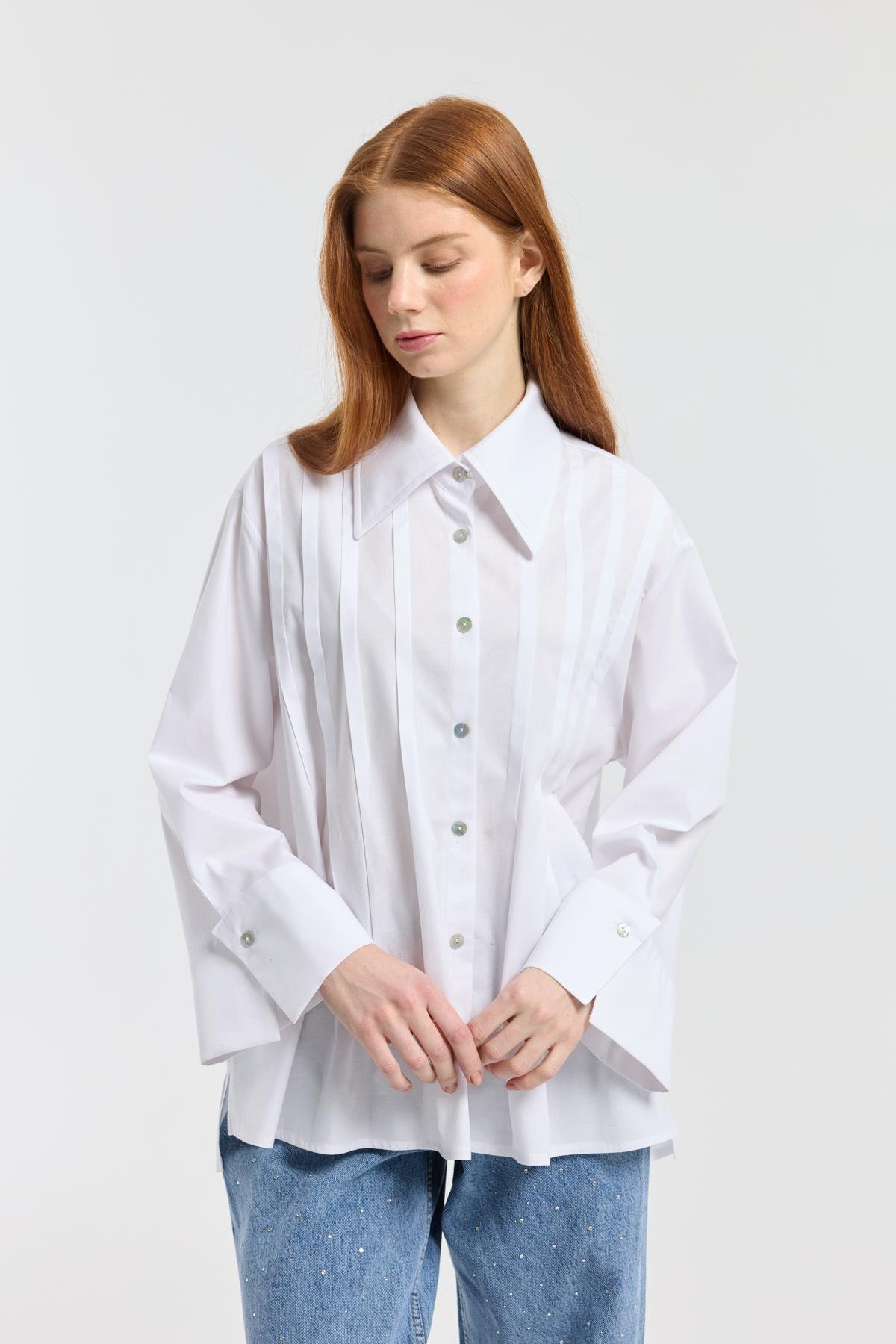 Nervürlü Geniş Manşetli Poplin Gömlek - Beyaz