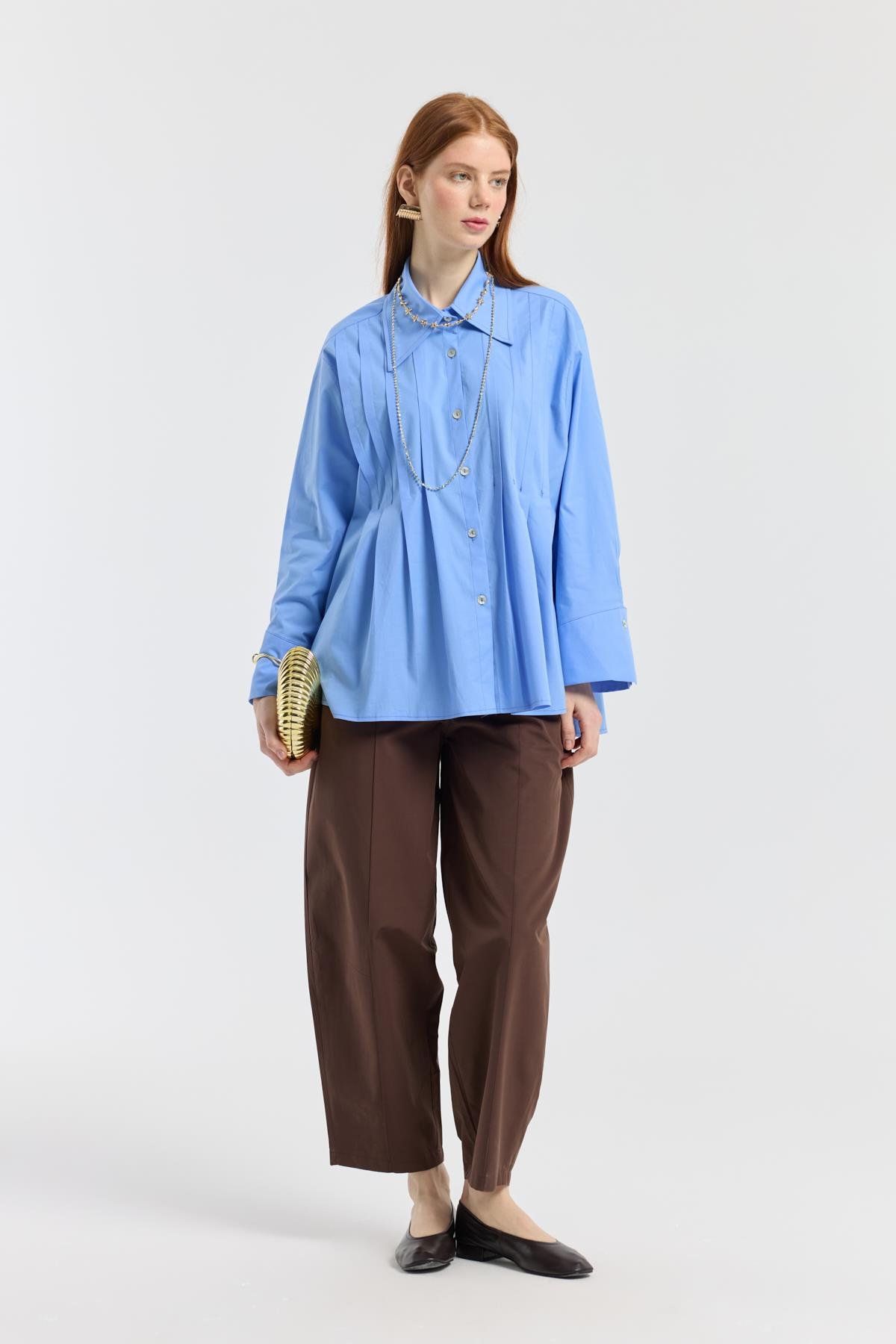 Nervürlü Geniş Manşetli Poplin Gömlek - Mavi