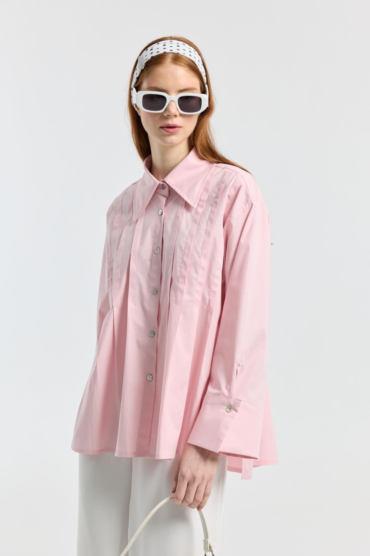 Nervürlü Geniş Manşetli Poplin Gömlek  - Pudra Pembe