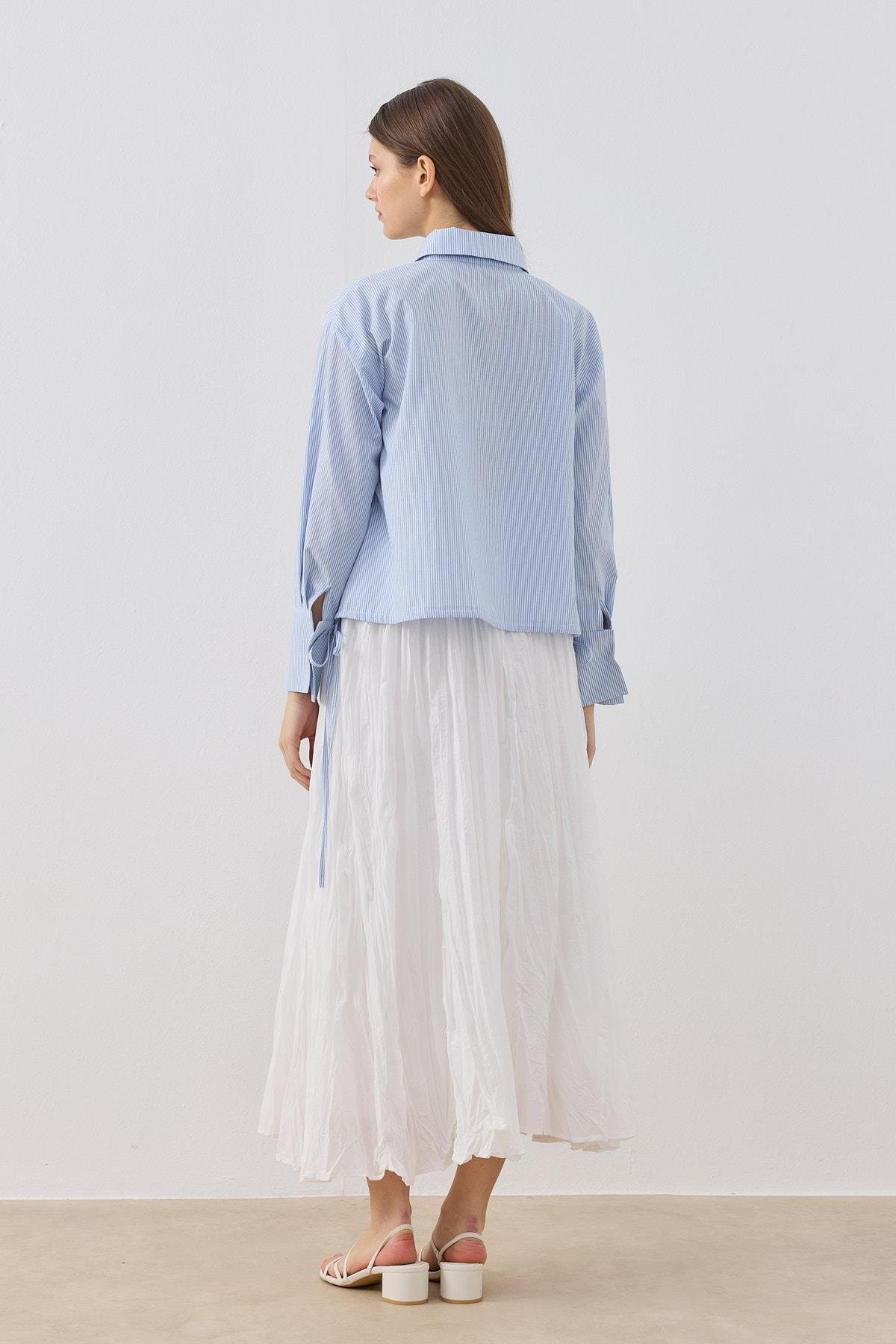 Nicole Bağcıklı Çizgili Gömlek- Mavi 