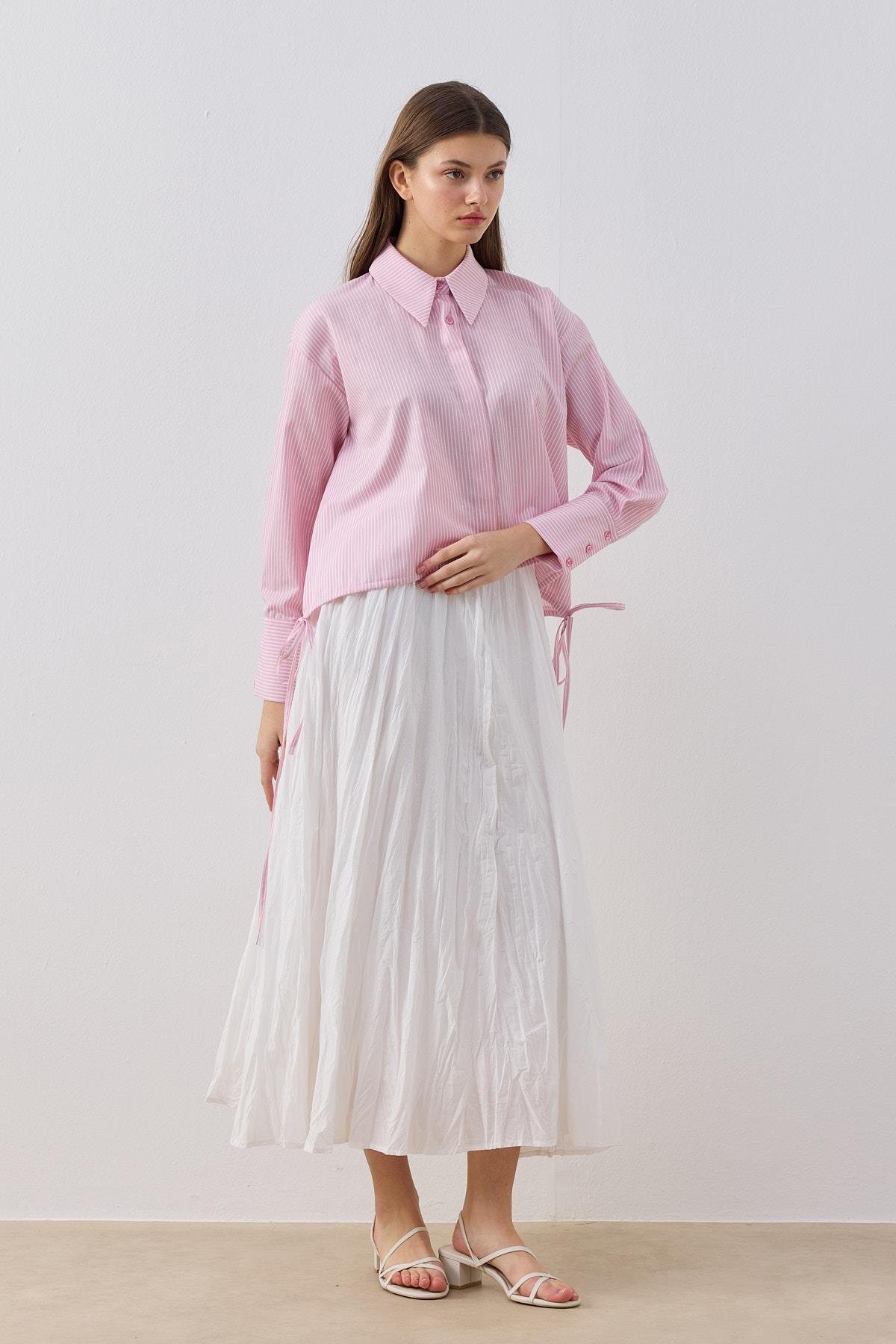 Nicole Bağcıklı Çizgili Gömlek- Pembe