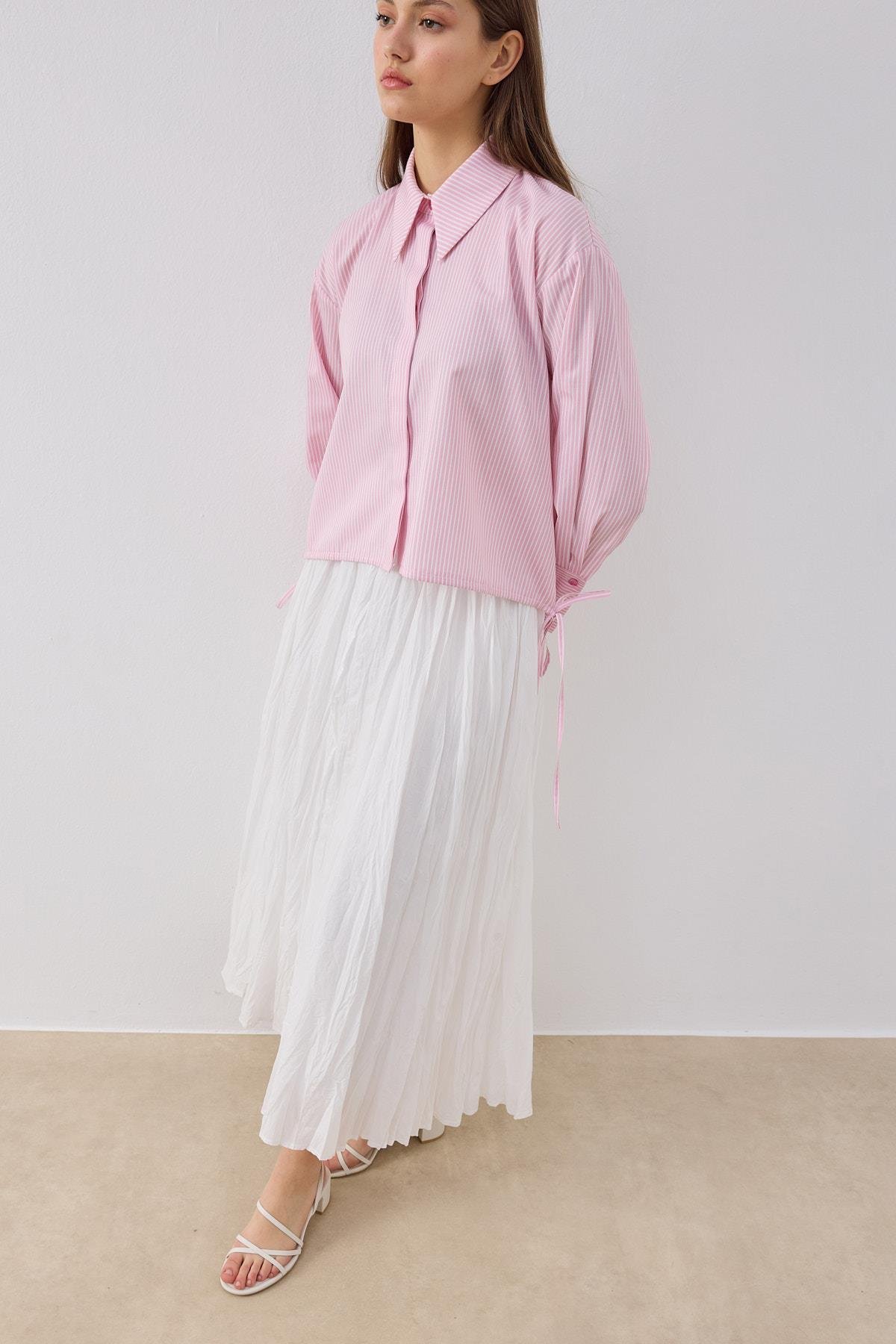 Nicole Bağcıklı Çizgili Gömlek- Pembe