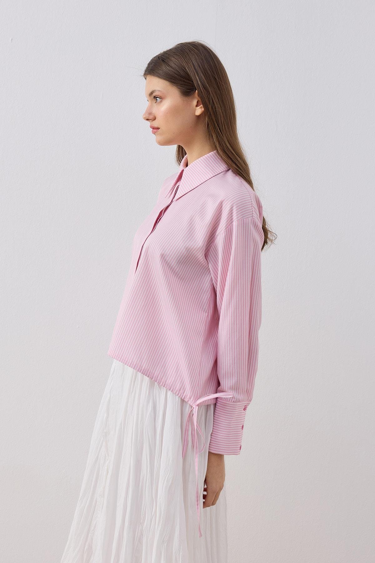 Nicole Bağcıklı Çizgili Gömlek- Pembe