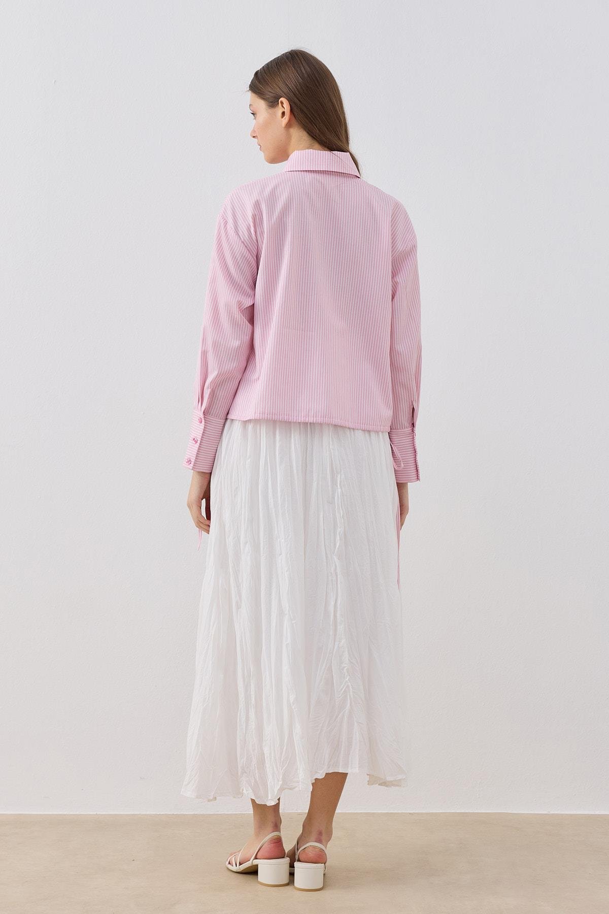 Nicole Bağcıklı Çizgili Gömlek- Pembe