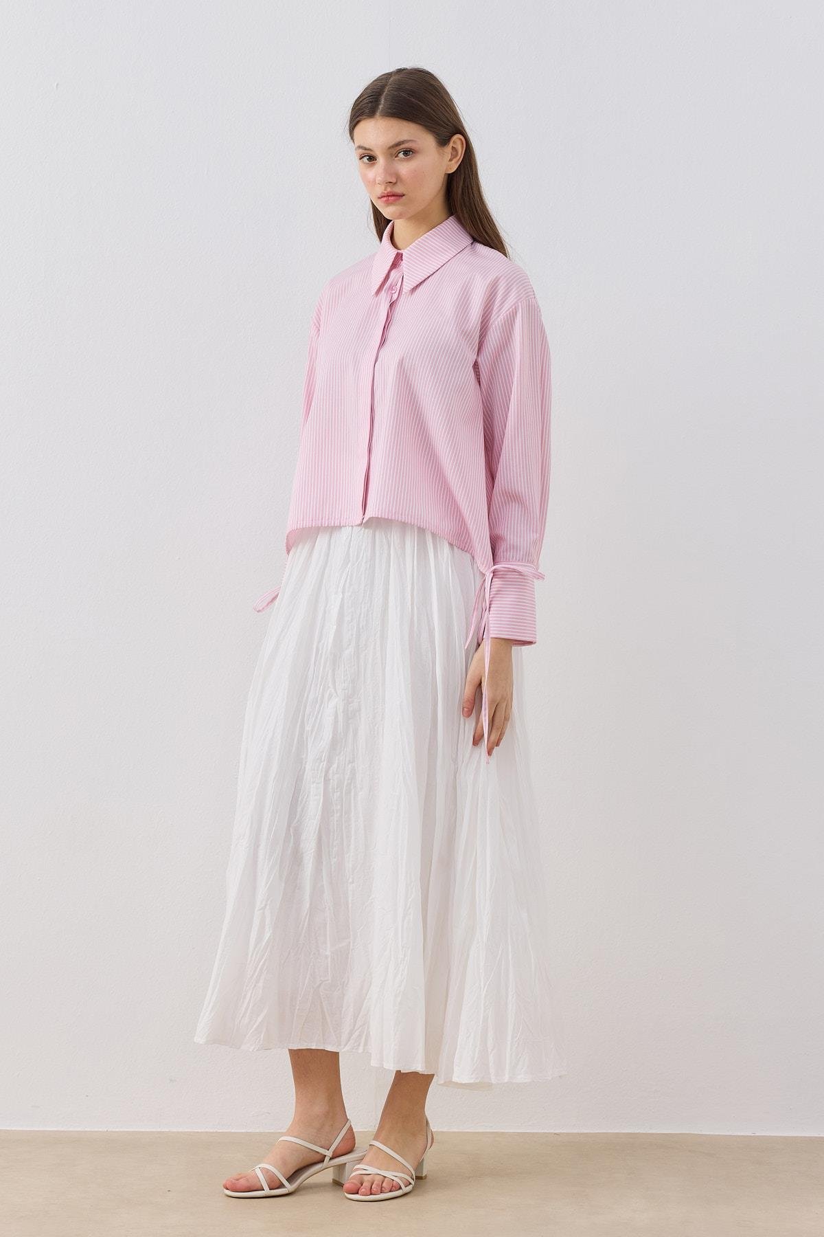 Nicole Bağcıklı Çizgili Gömlek- Pembe