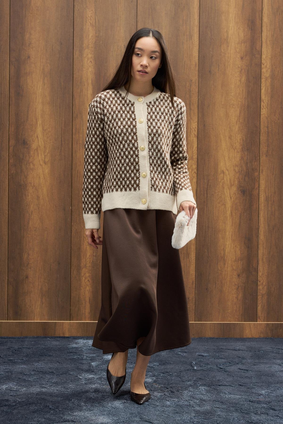 Nicole Gold Düğmeli Hırka - Ekru