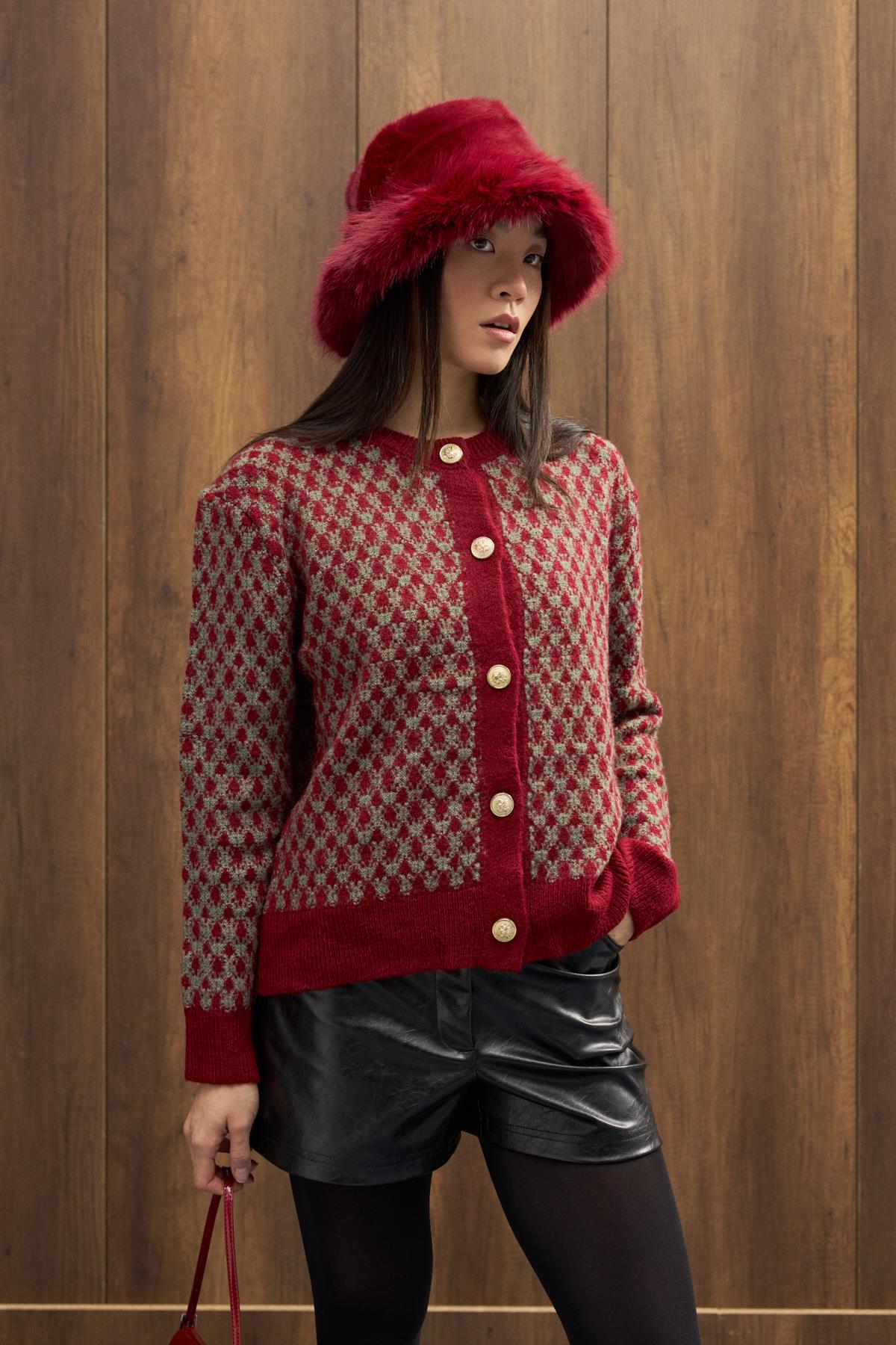 Nicole Gold Düğmeli Hırka - Kırmızı