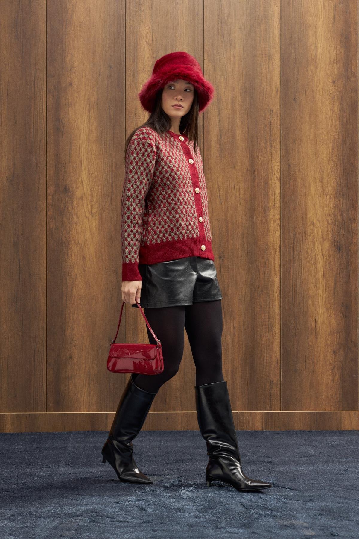 Nicole Gold Düğmeli Hırka - Kırmızı