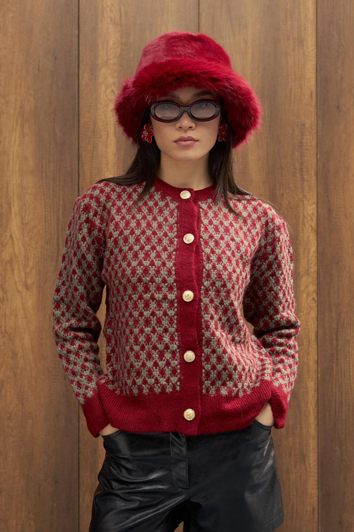 Nicole Gold Düğmeli Hırka - Kırmızı