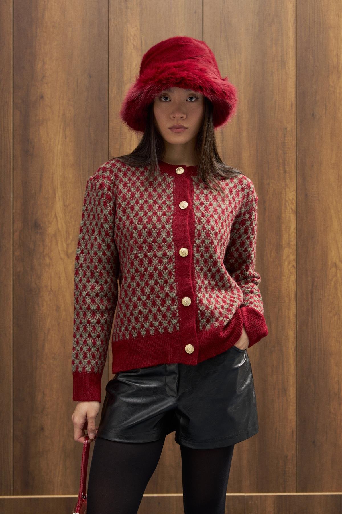 Nicole Gold Düğmeli Hırka - Kırmızı