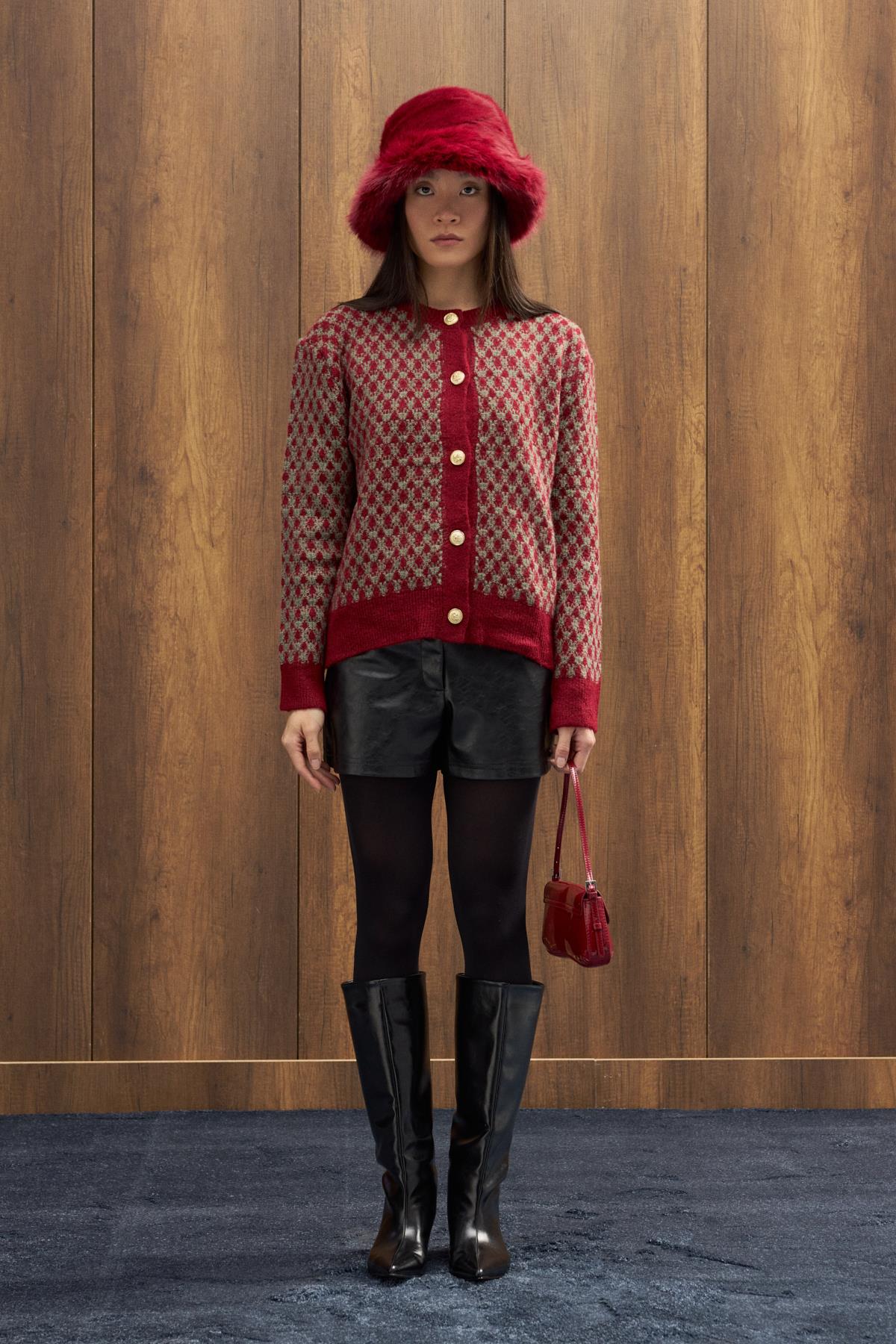 Nicole Gold Düğmeli Hırka - Kırmızı