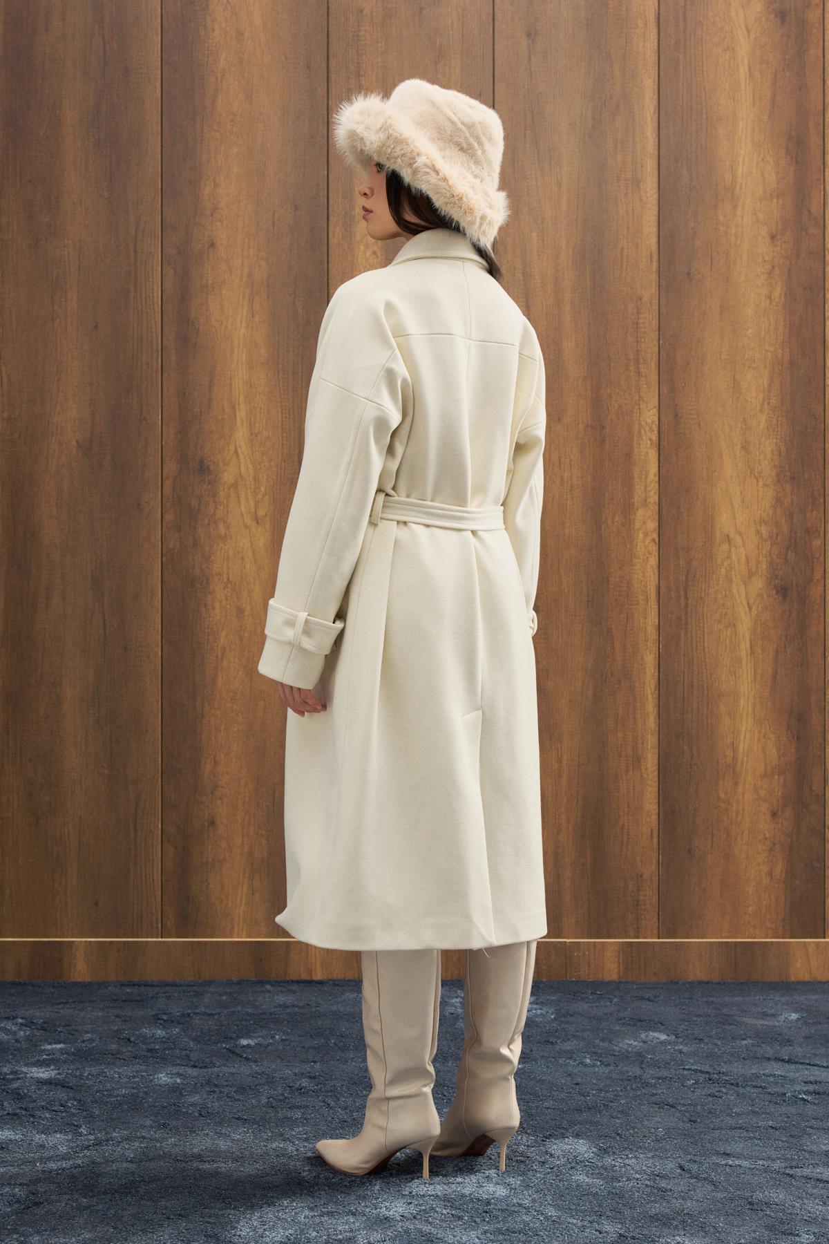 Nile Kuşaklı Kruvaze Kaşe Kaban - Ekru 