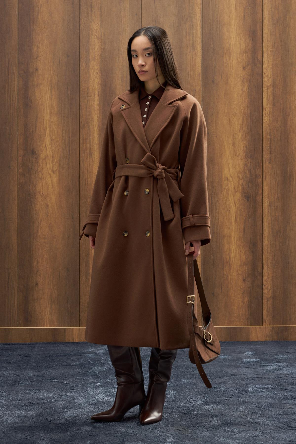 Nile Kuşaklı Kruvaze Kaşe Kaban - Kahverengi