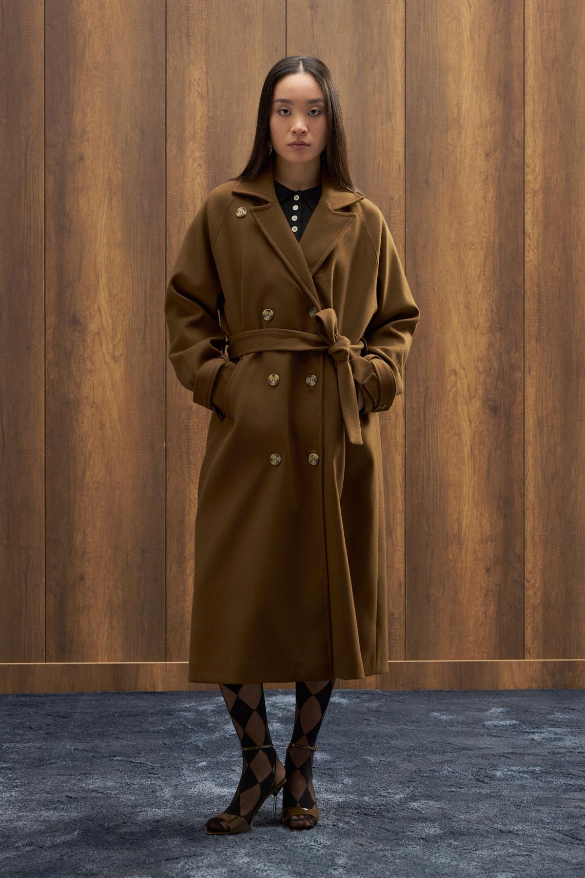 Nile Kuşaklı Kruvaze Kaşe Kaban - Kahverengi 