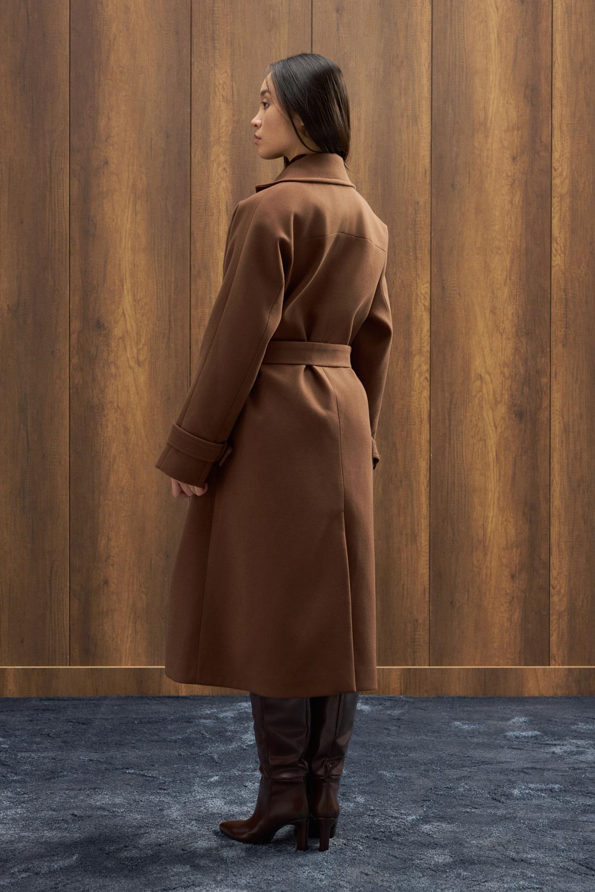 Nile Kuşaklı Kruvaze Kaşe Kaban - Kahverengi