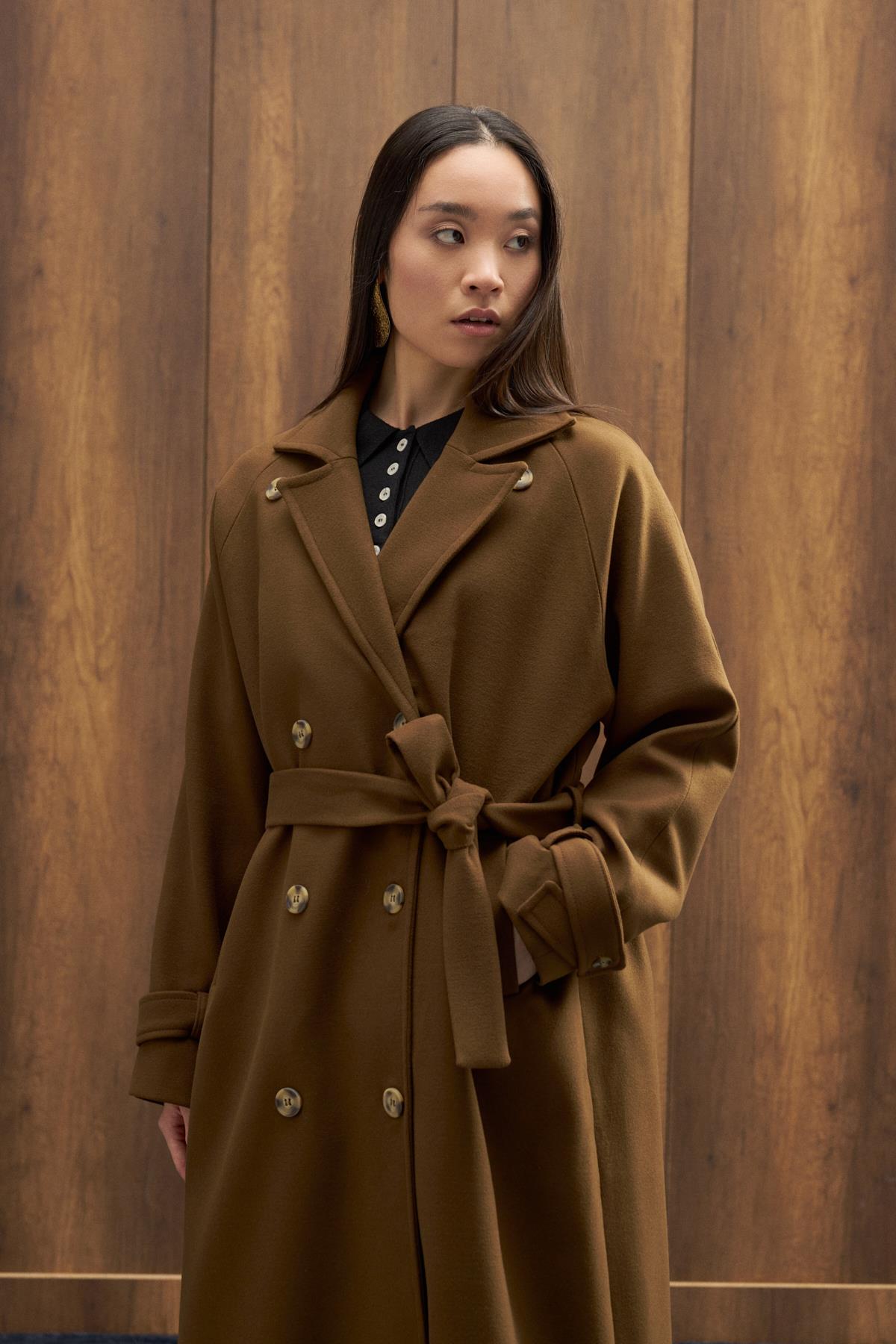 Nile Kuşaklı Kruvaze Kaşe Kaban - Kahverengi 