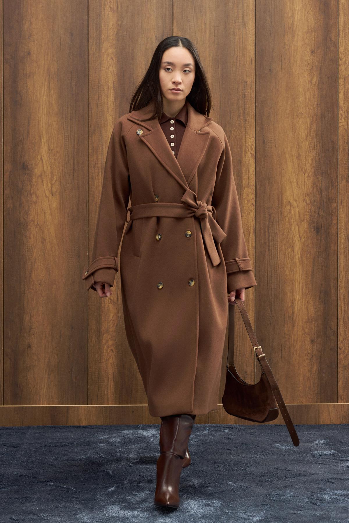 Nile Kuşaklı Kruvaze Kaşe Kaban - Kahverengi