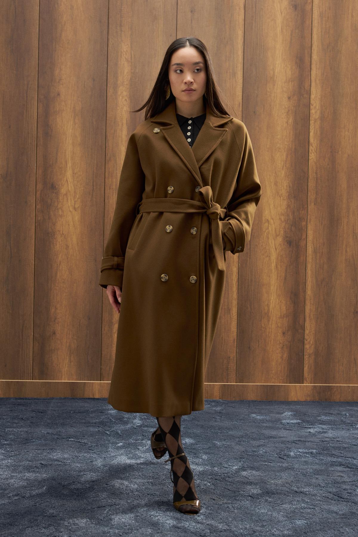 Nile Kuşaklı Kruvaze Kaşe Kaban - Kahverengi 