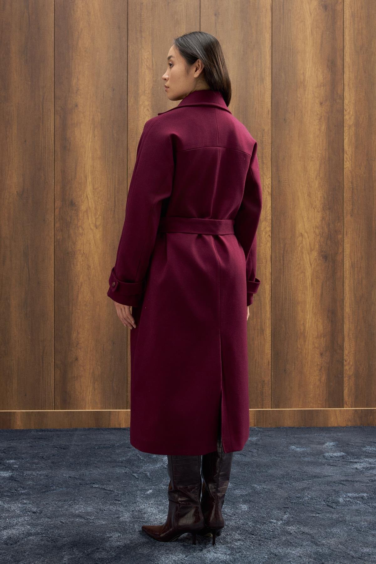 Nile Kuşaklı Kruvaze Kaşe Kaban - Mürdüm 