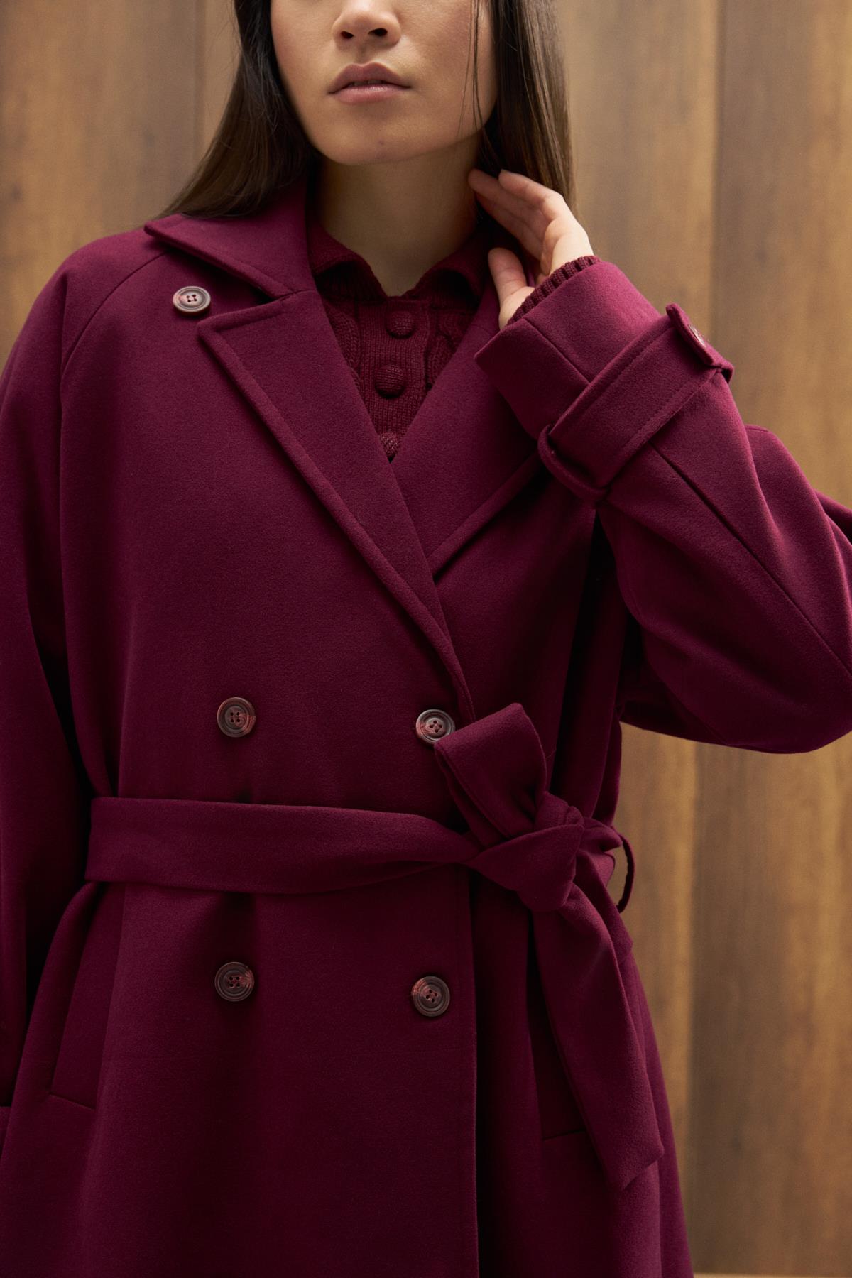 Nile Kuşaklı Kruvaze Kaşe Kaban - Mürdüm 