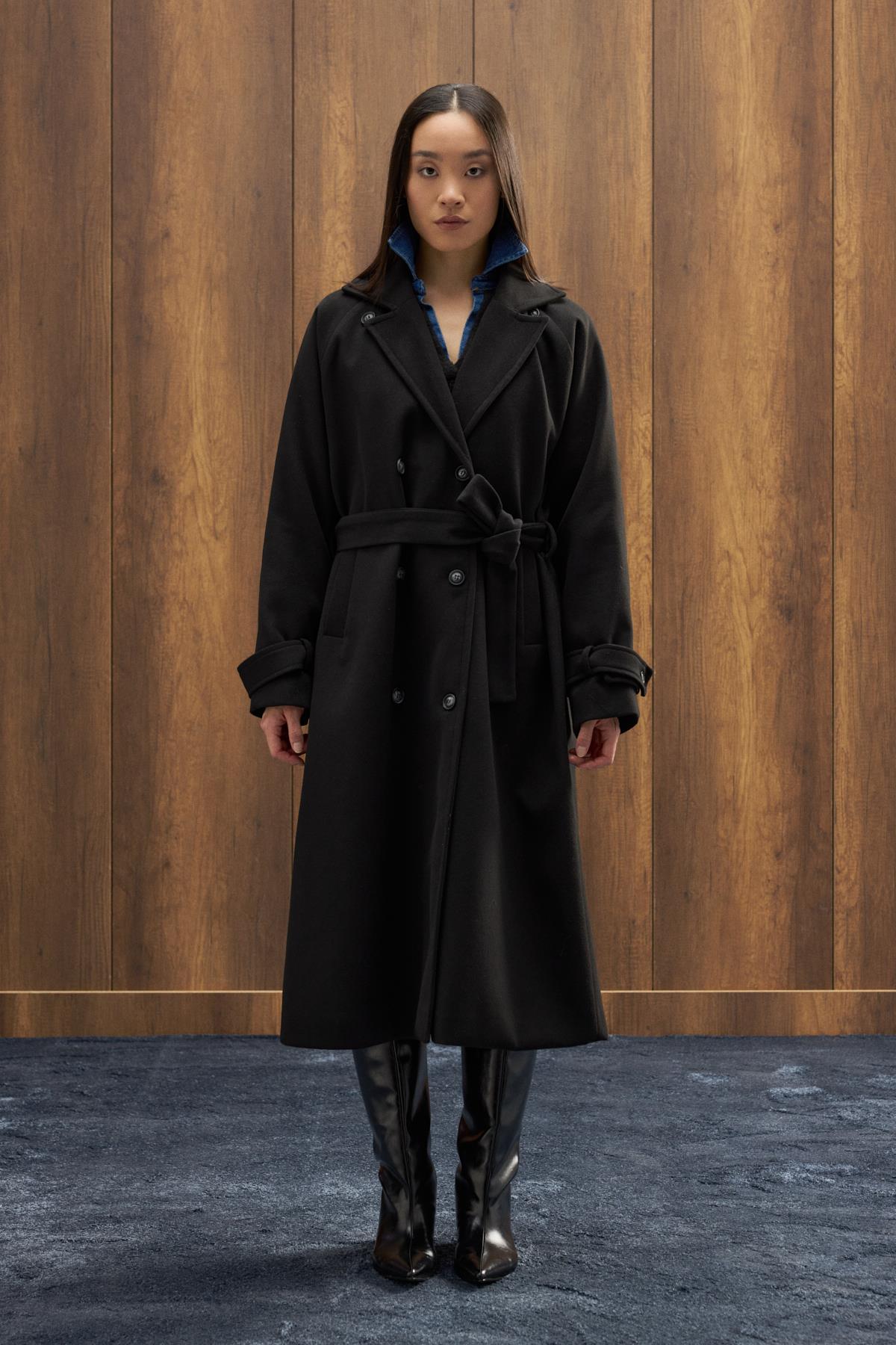 Nile Kuşaklı Kruvaze Kaşe Kaban - Siyah 