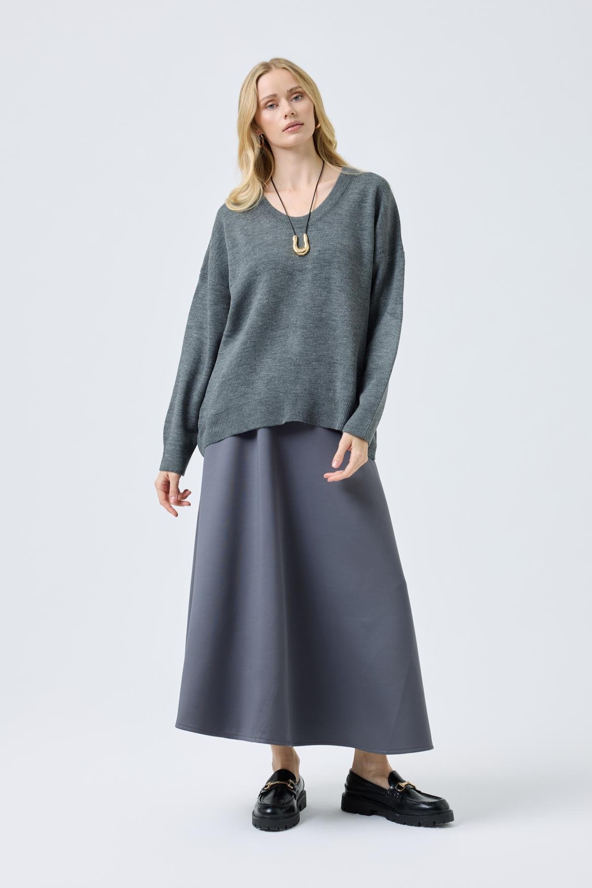 Nina Geniş Yakalı Basic Kazak - Antrasit