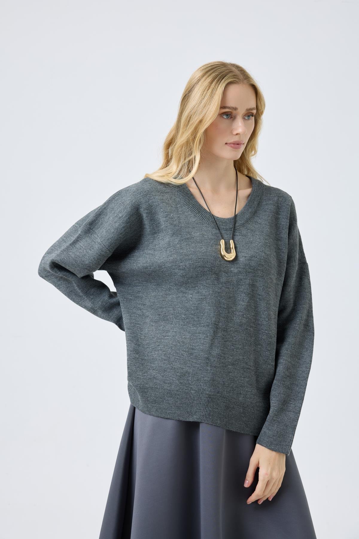 Nina Geniş Yakalı Basic Kazak - Antrasit