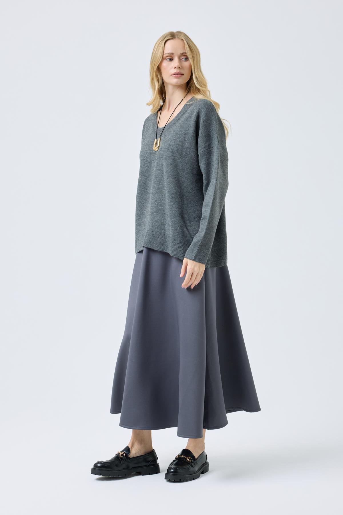 Nina Geniş Yakalı Basic Kazak - Antrasit