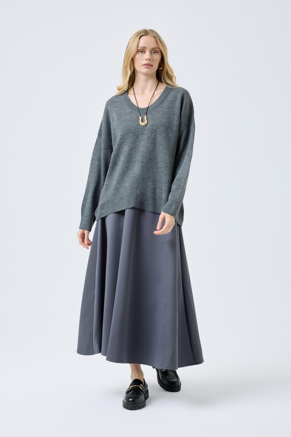 Nina Geniş Yakalı Basic Kazak - Antrasit