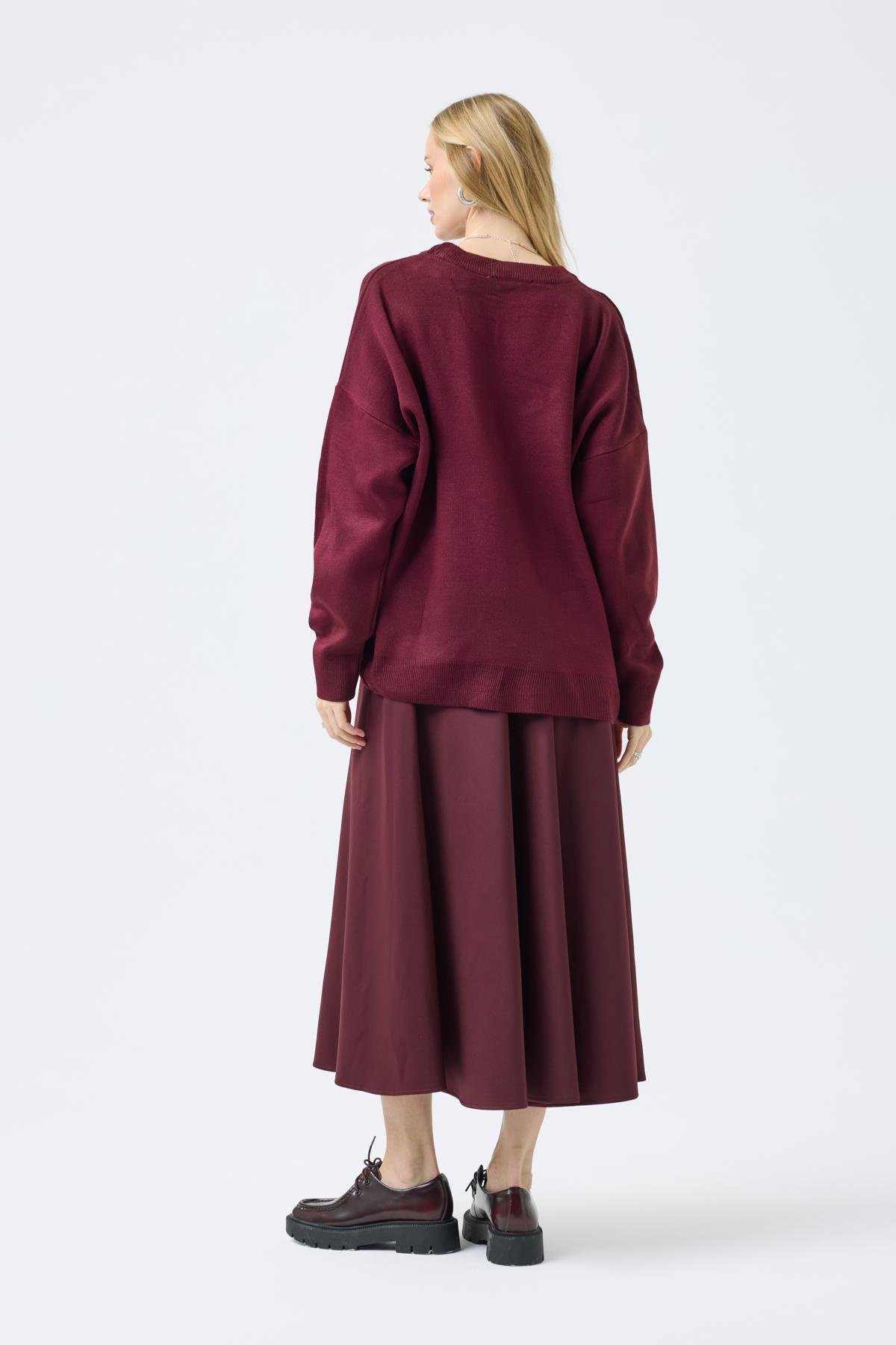 Nina Geniş Yakalı Basic Kazak -Bordo 