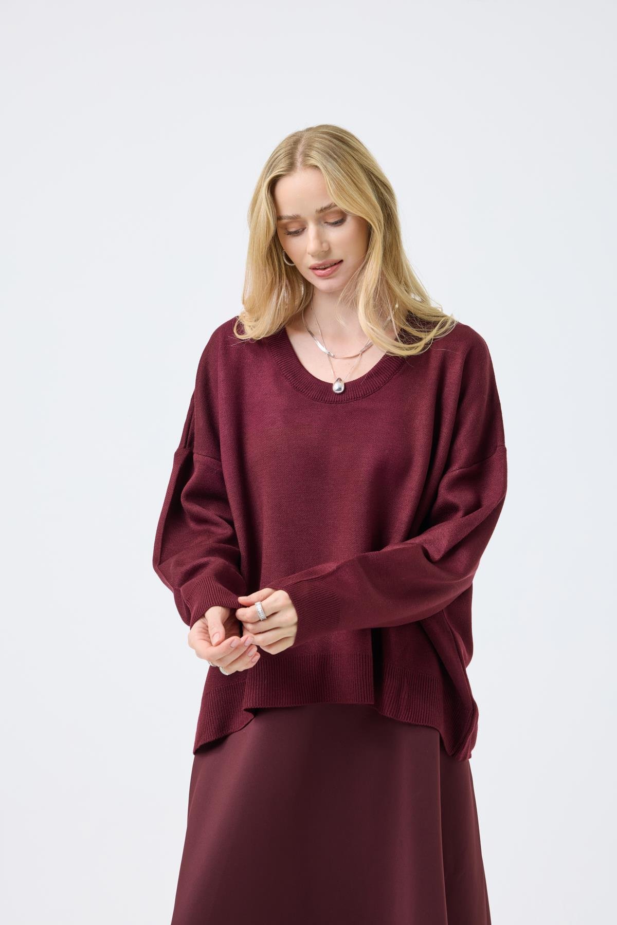 Nina Geniş Yakalı Basic Kazak -Bordo 