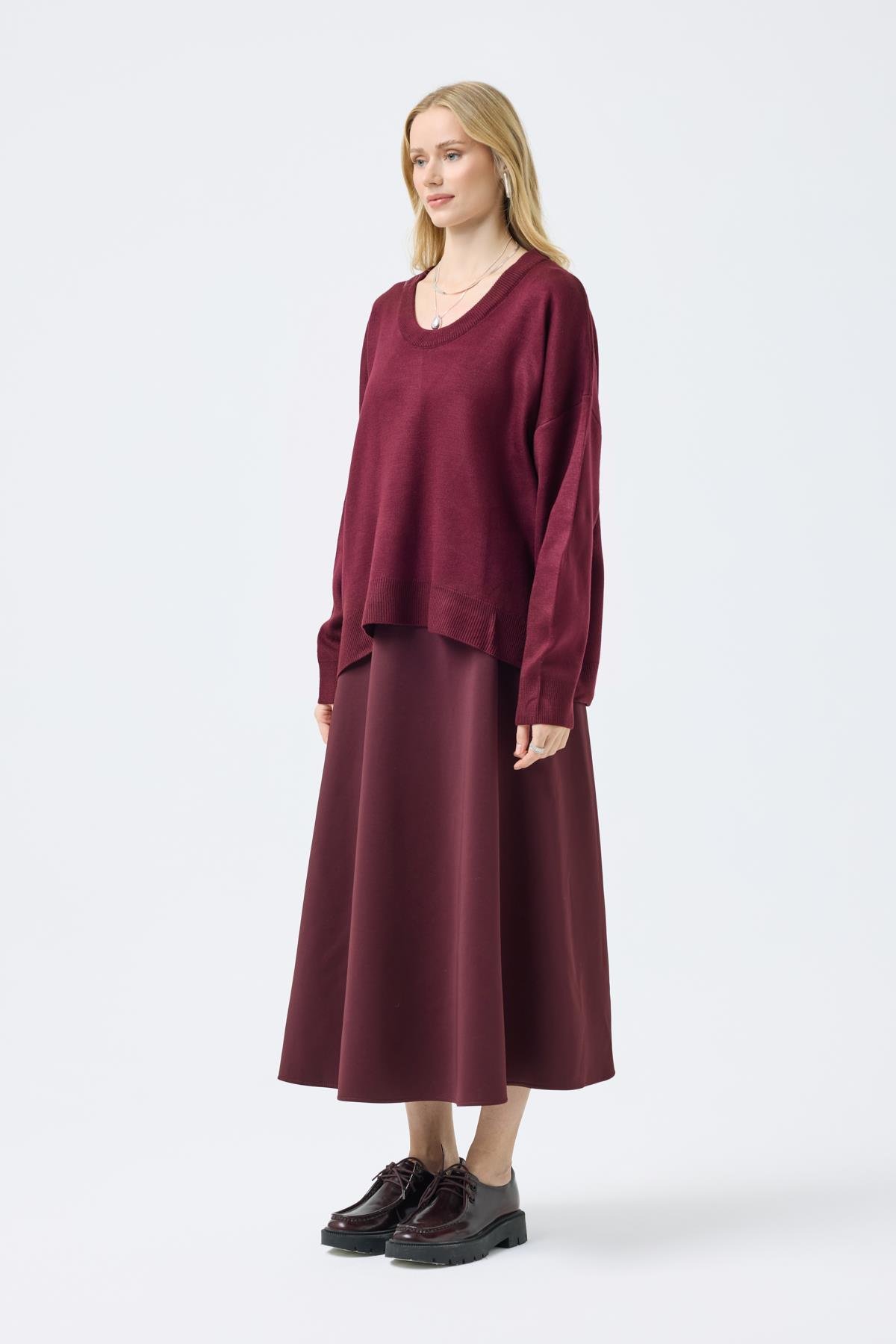 Nina Geniş Yakalı Basic Kazak -Bordo 