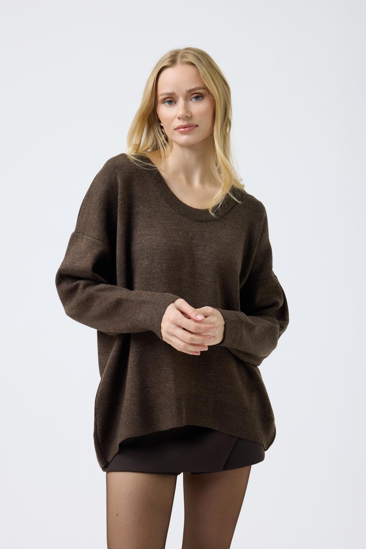 Nina Geniş Yakalı Basic Kazak - Kahve 