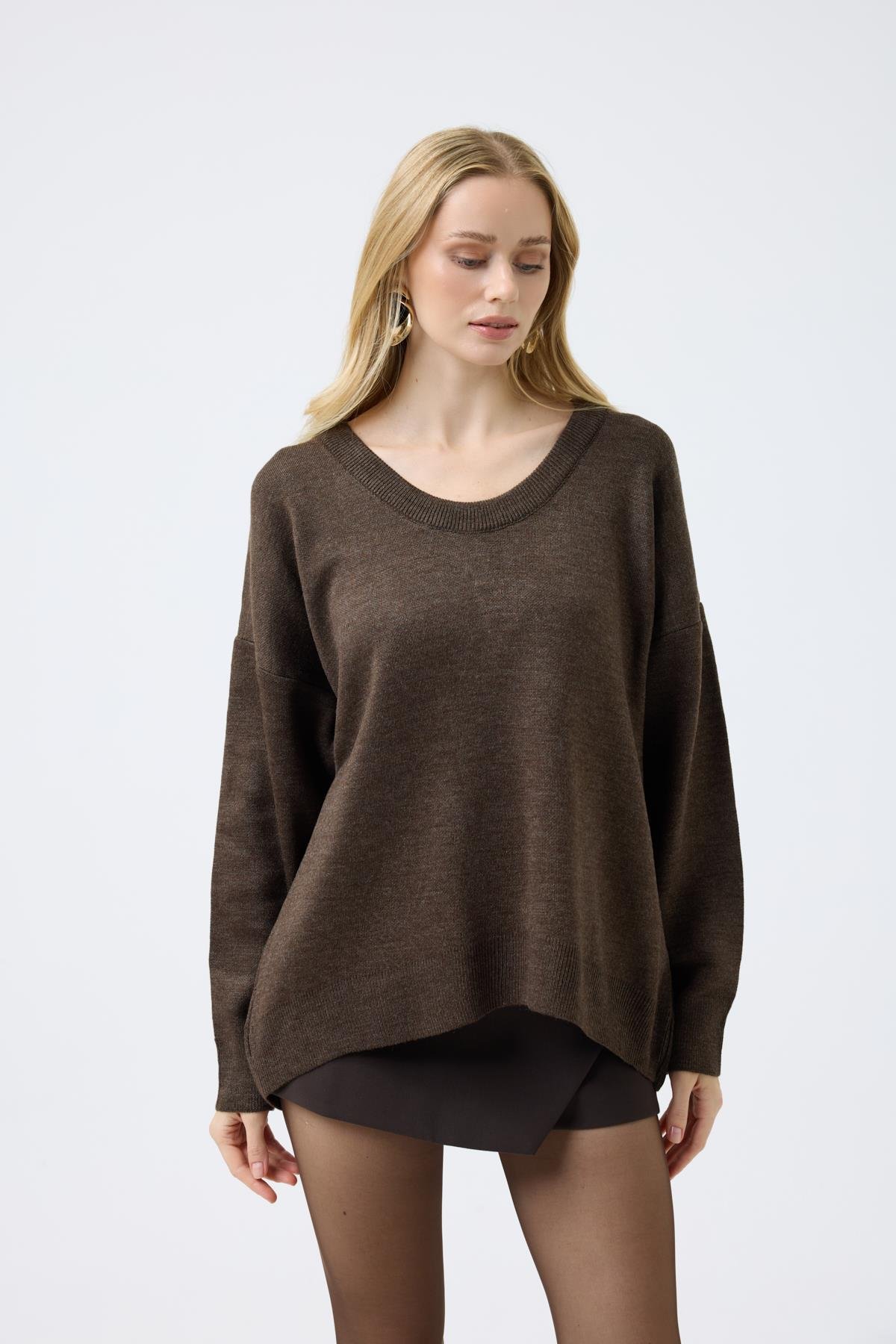 Nina Geniş Yakalı Basic Kazak - Kahve 