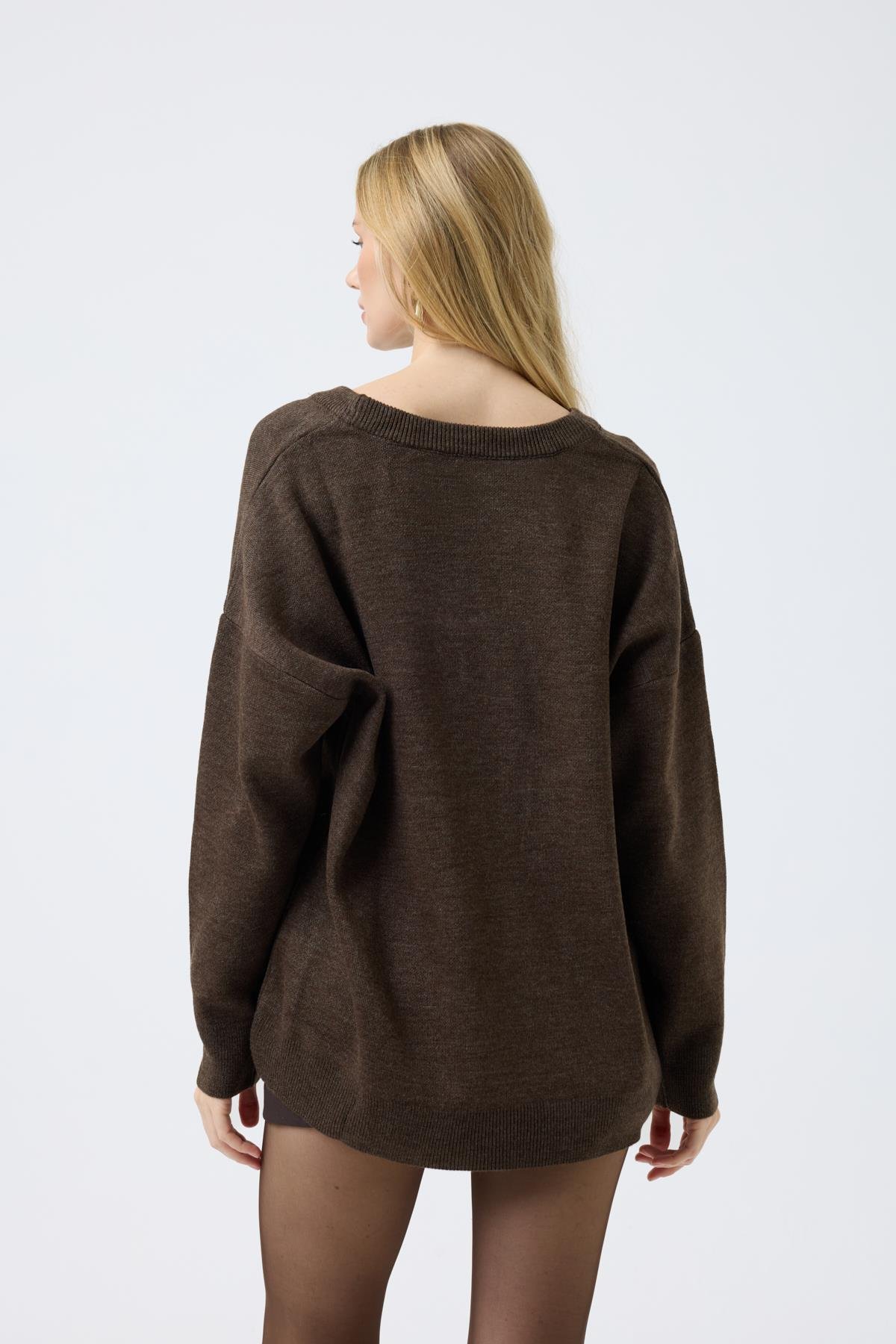 Nina Geniş Yakalı Basic Kazak - Kahve 