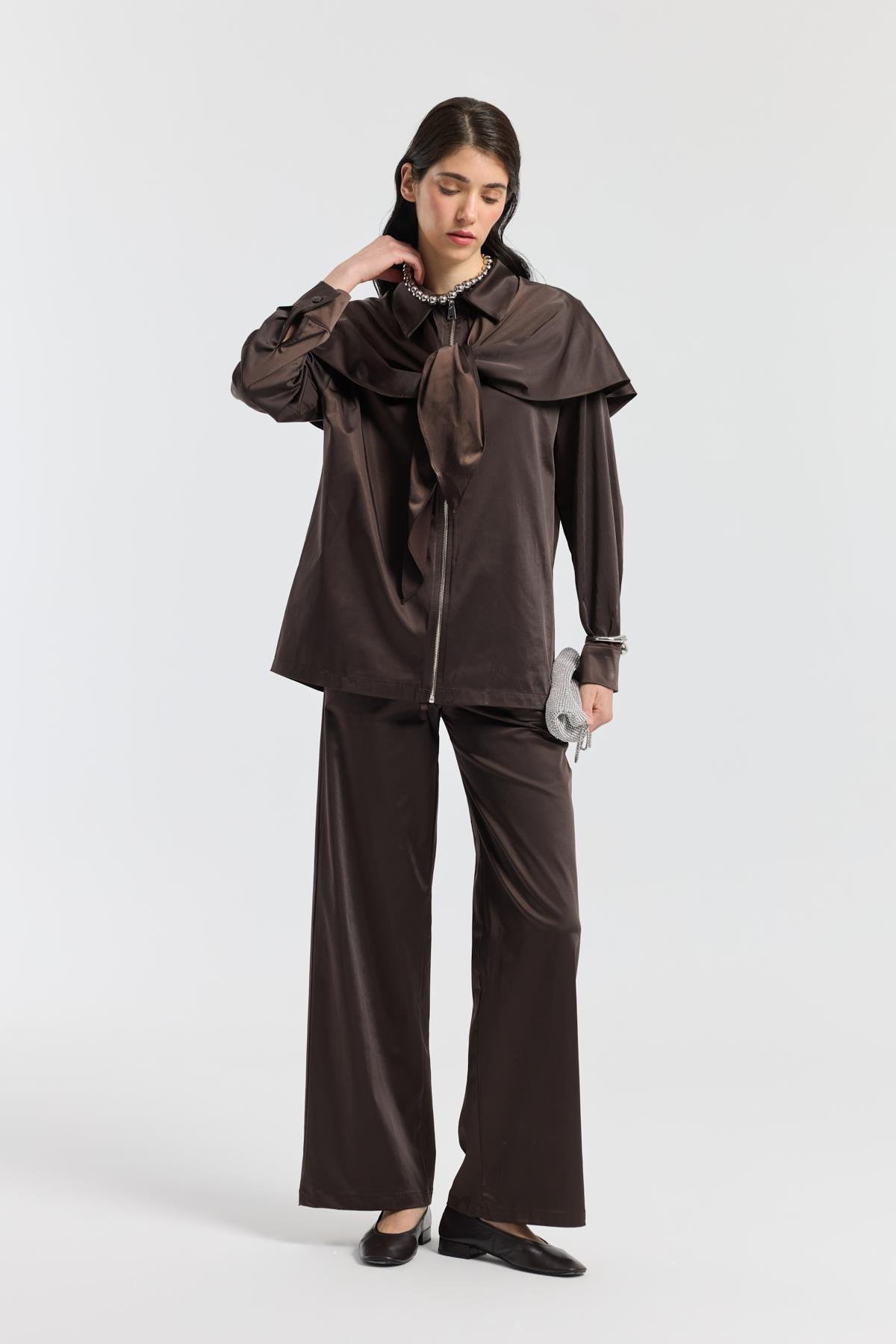 Noella Pelerin Saten Takım - Kahverengi