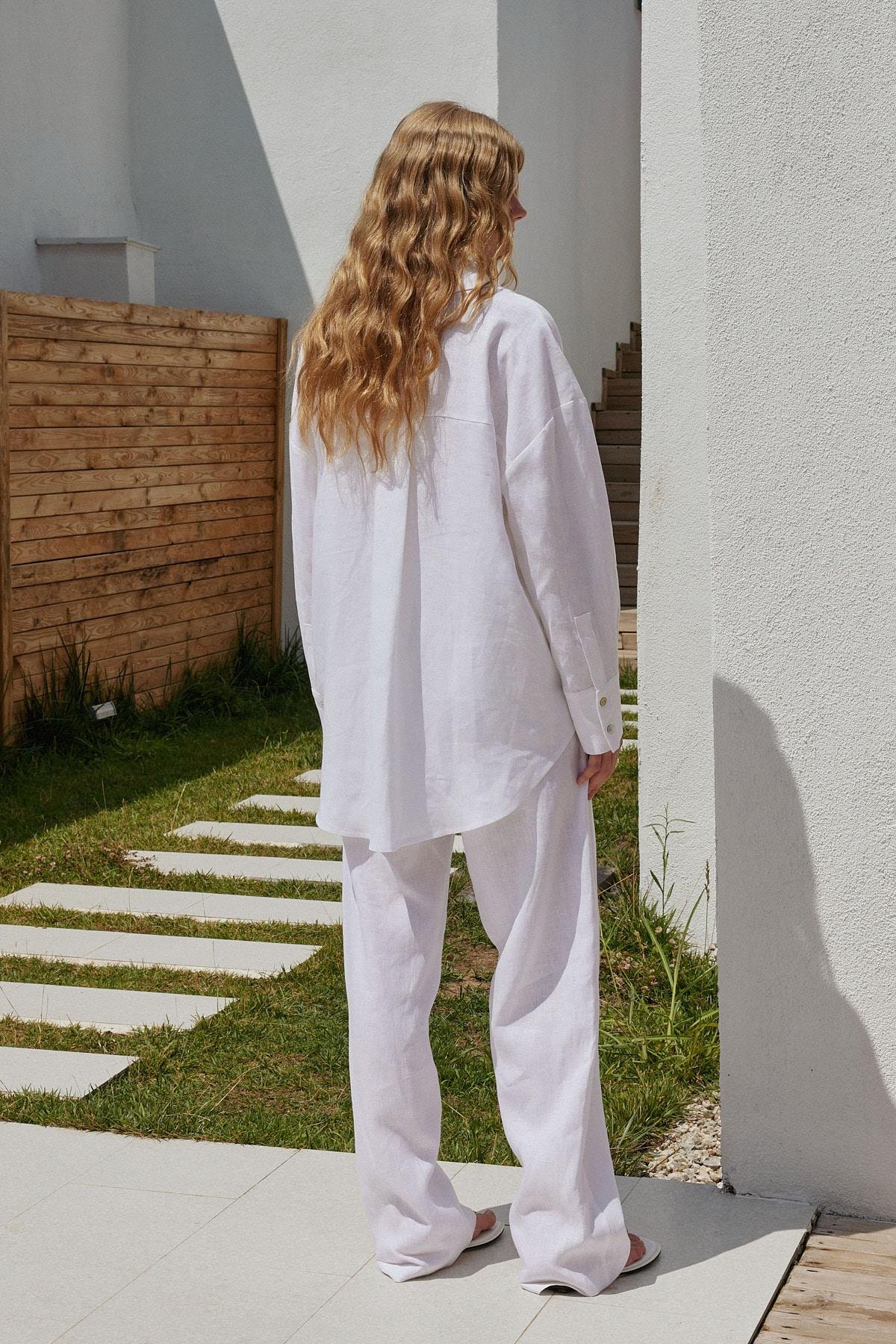 Noli Keten Nervürlü Pantolon - Beyaz