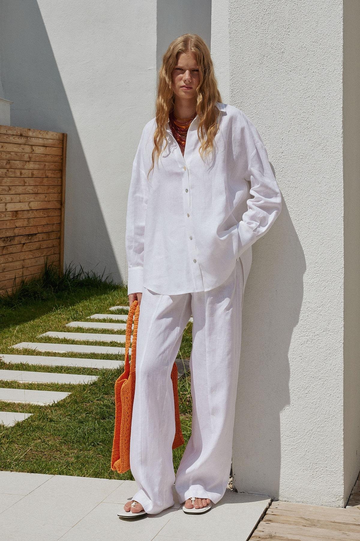 Noli Keten Nervürlü Pantolon - Beyaz