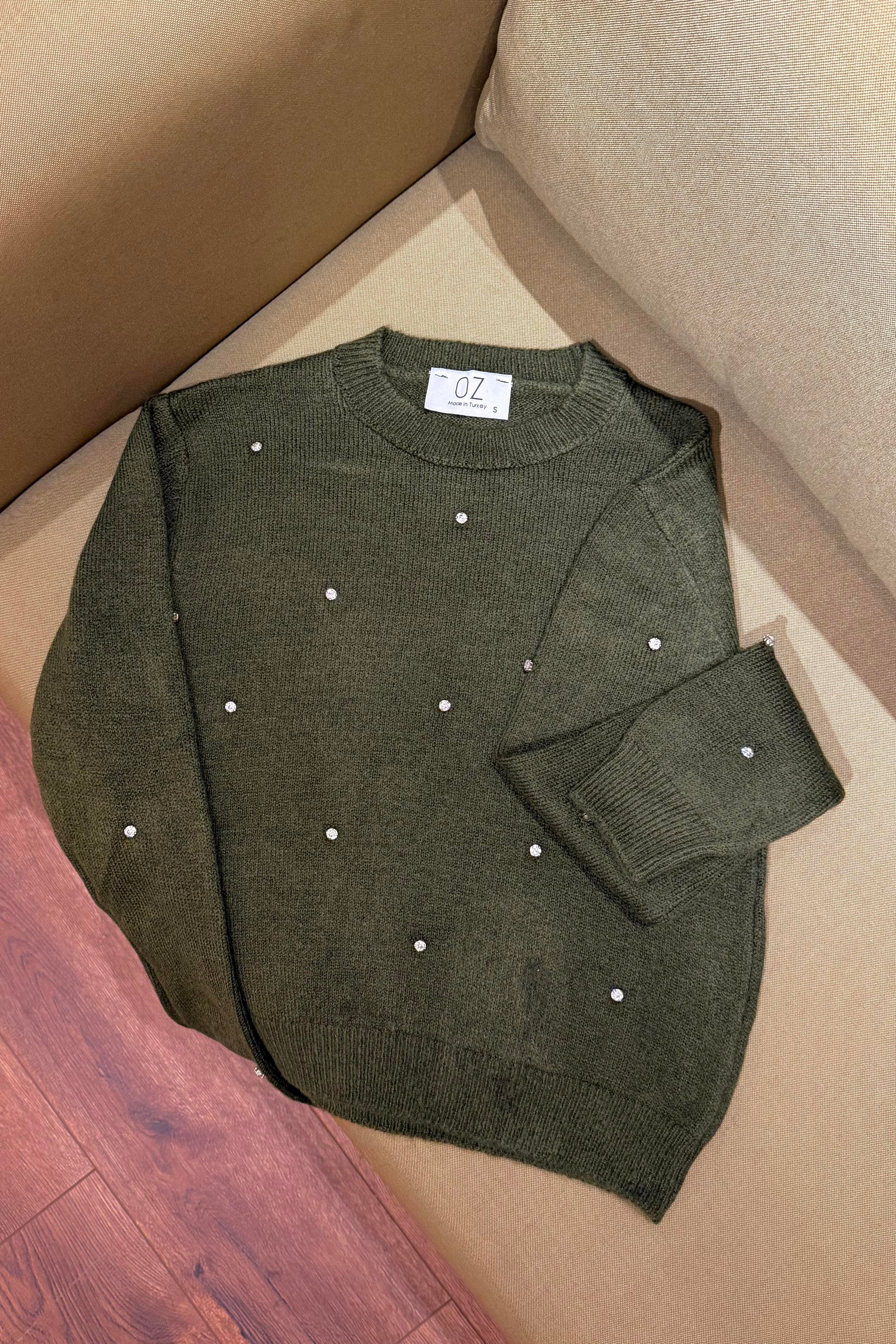 Nora Taş İşlemeli Kazak - Haki 