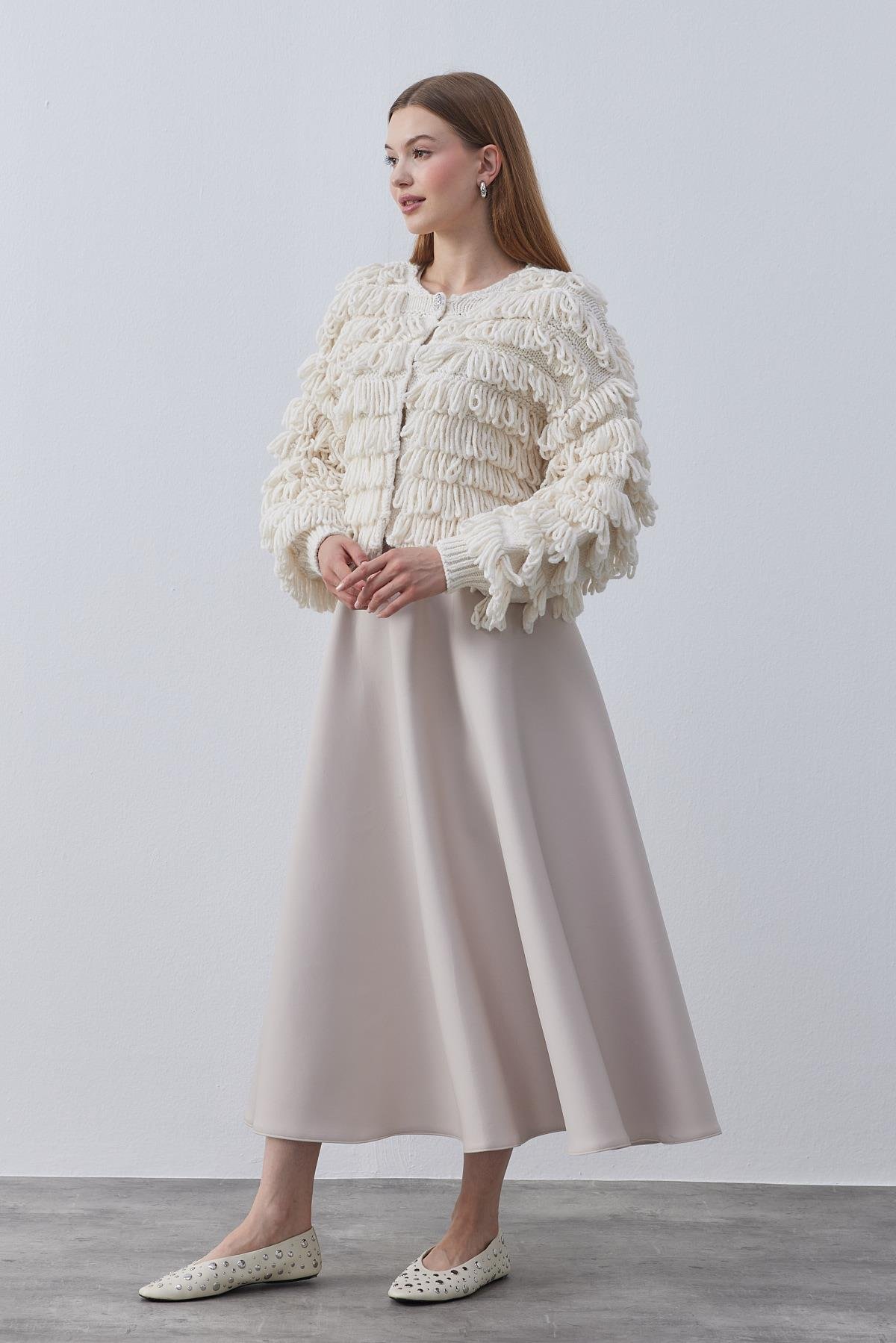 Norio Püskül Detaylı Taş Düğmeli Örme Ceket - Bej