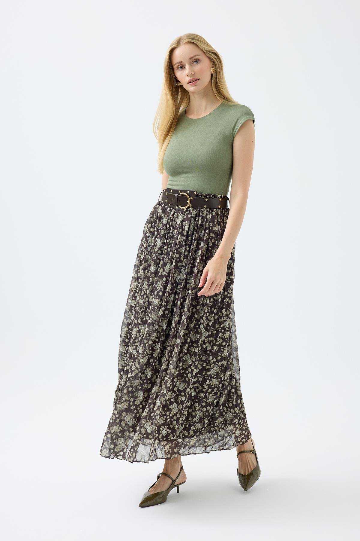 Nova Kemerli Şifon Etek - Haki 