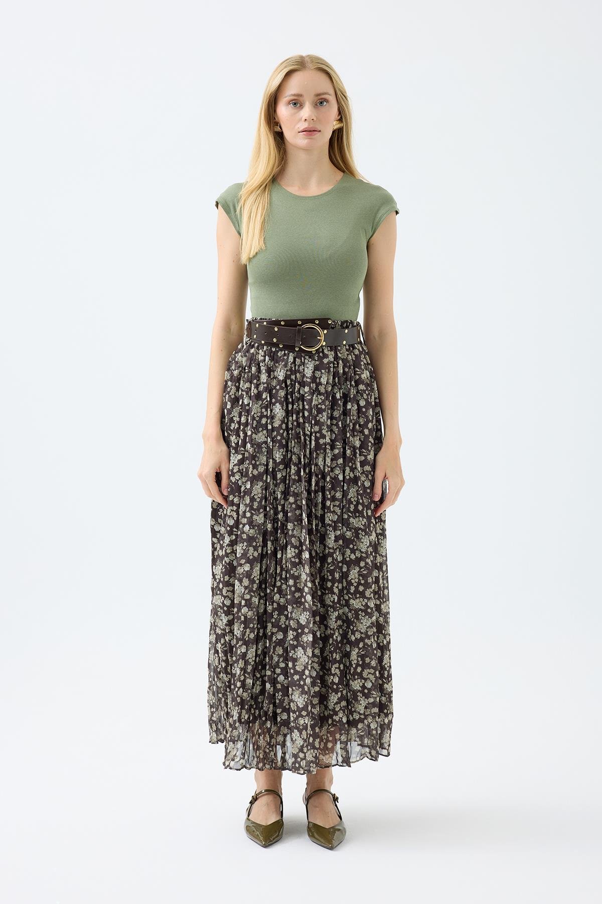 Nova Kemerli Şifon Etek - Haki 