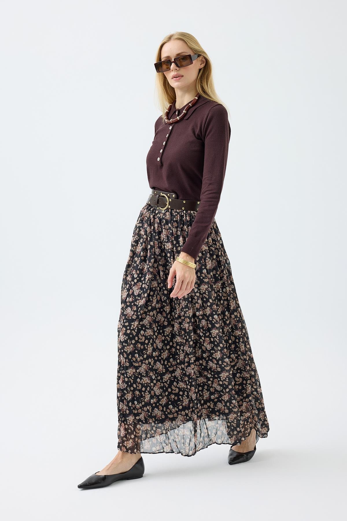 Nova Kemerli Şifon Etek - Kahverengi 