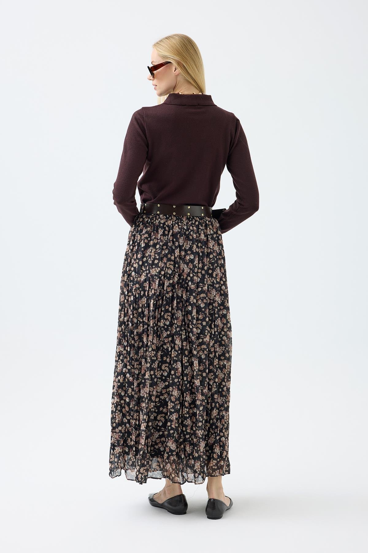 Nova Kemerli Şifon Etek - Kahverengi 