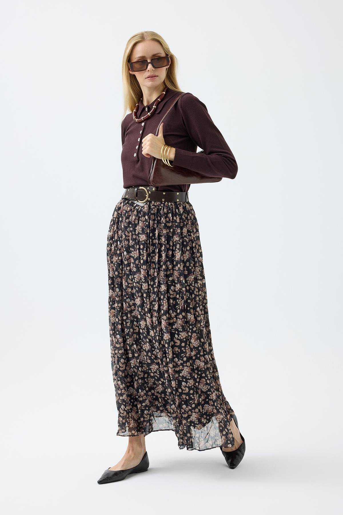 Nova Kemerli Şifon Etek - Kahverengi 